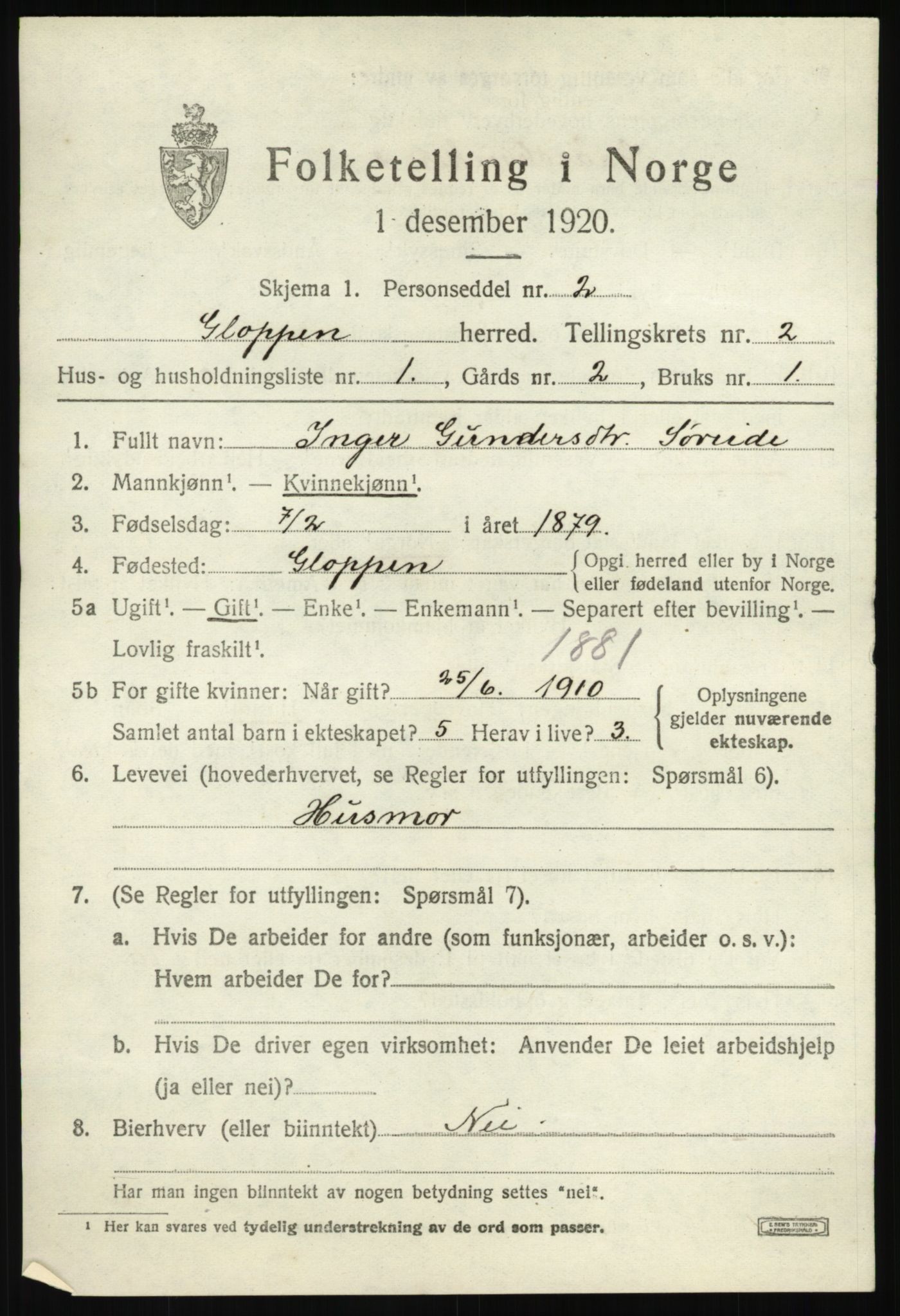 SAB, 1920 census for Gloppen, 1920, p. 1234