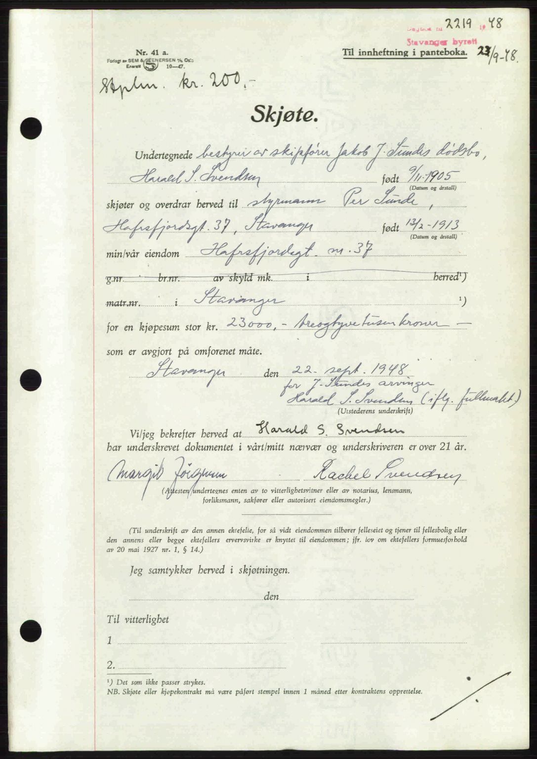 Stavanger byrett, SAST/A-100455/002/G/Gb/L0022: Mortgage book no. A11, 1947-1948, Diary no: : 2219/1948