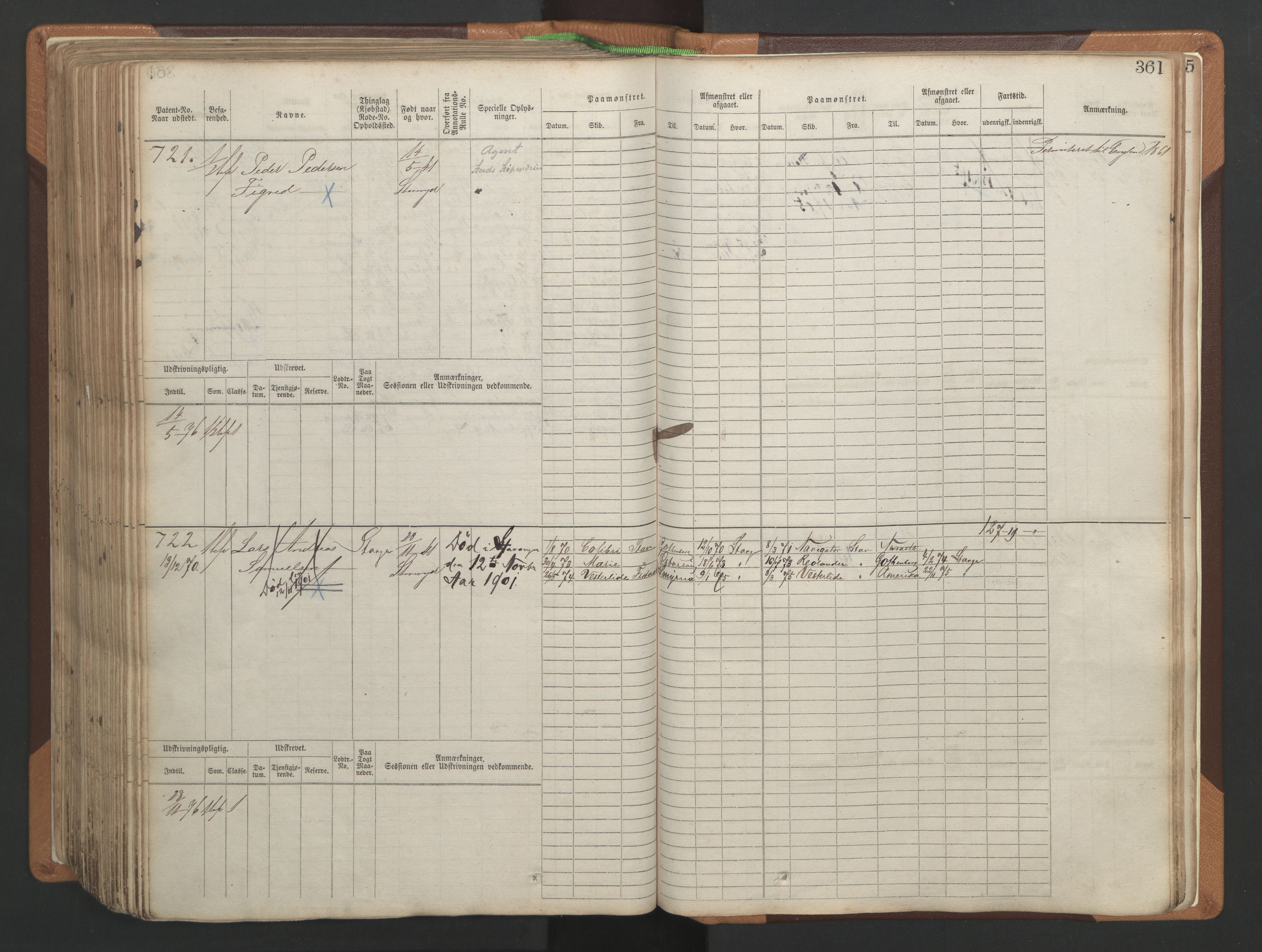 Stavanger sjømannskontor, AV/SAST-A-102006/F/Fb/Fbb/L0004: Sjøfartshovedrulle, patentnr. 1-792 (del 1), 1869-1880, p. 367