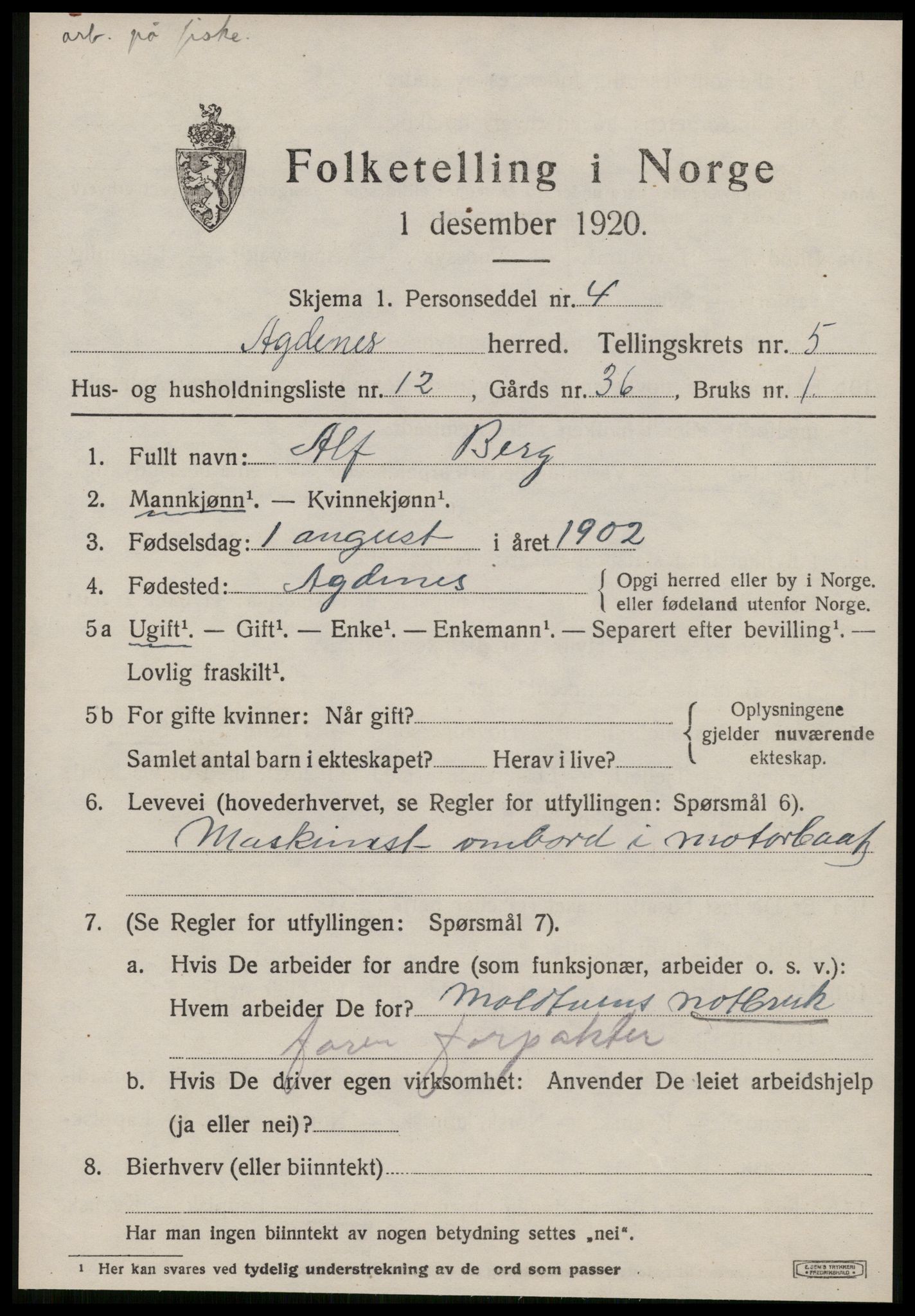 SAT, 1920 census for Agdenes, 1920, p. 2425