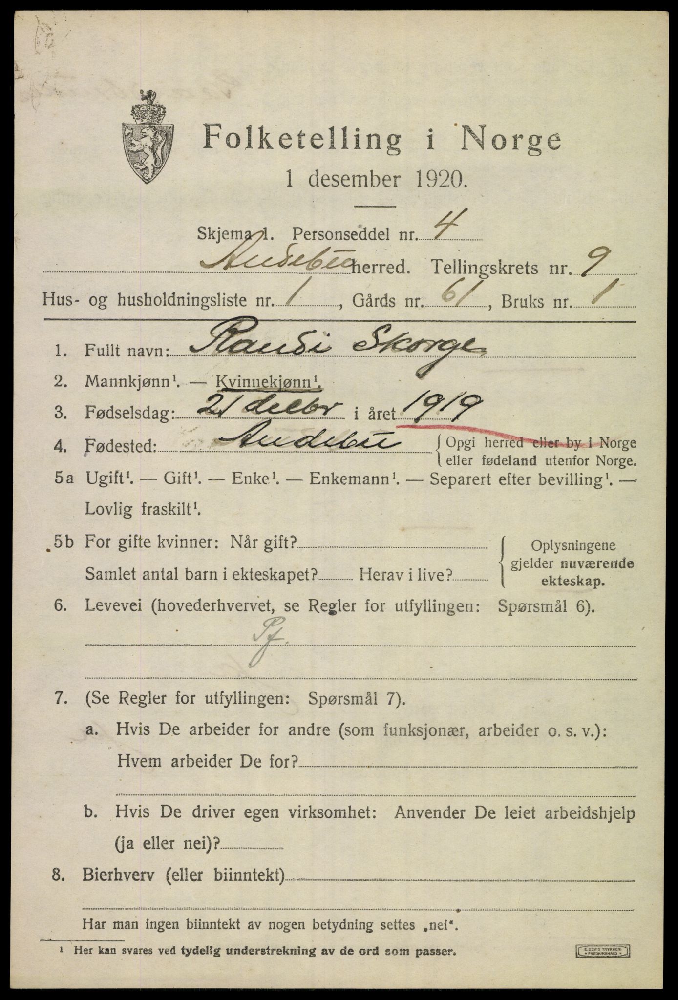 SAKO, 1920 census for Andebu, 1920, p. 3838