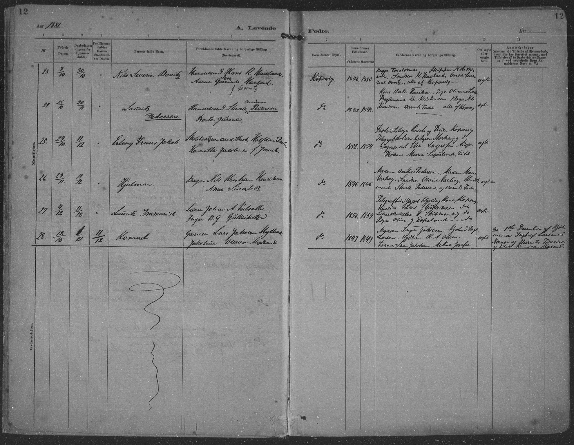 Kopervik sokneprestkontor, AV/SAST-A-101850/H/Ha/Haa/L0001: Parish register (official) no. A 1, 1880-1919, p. 12