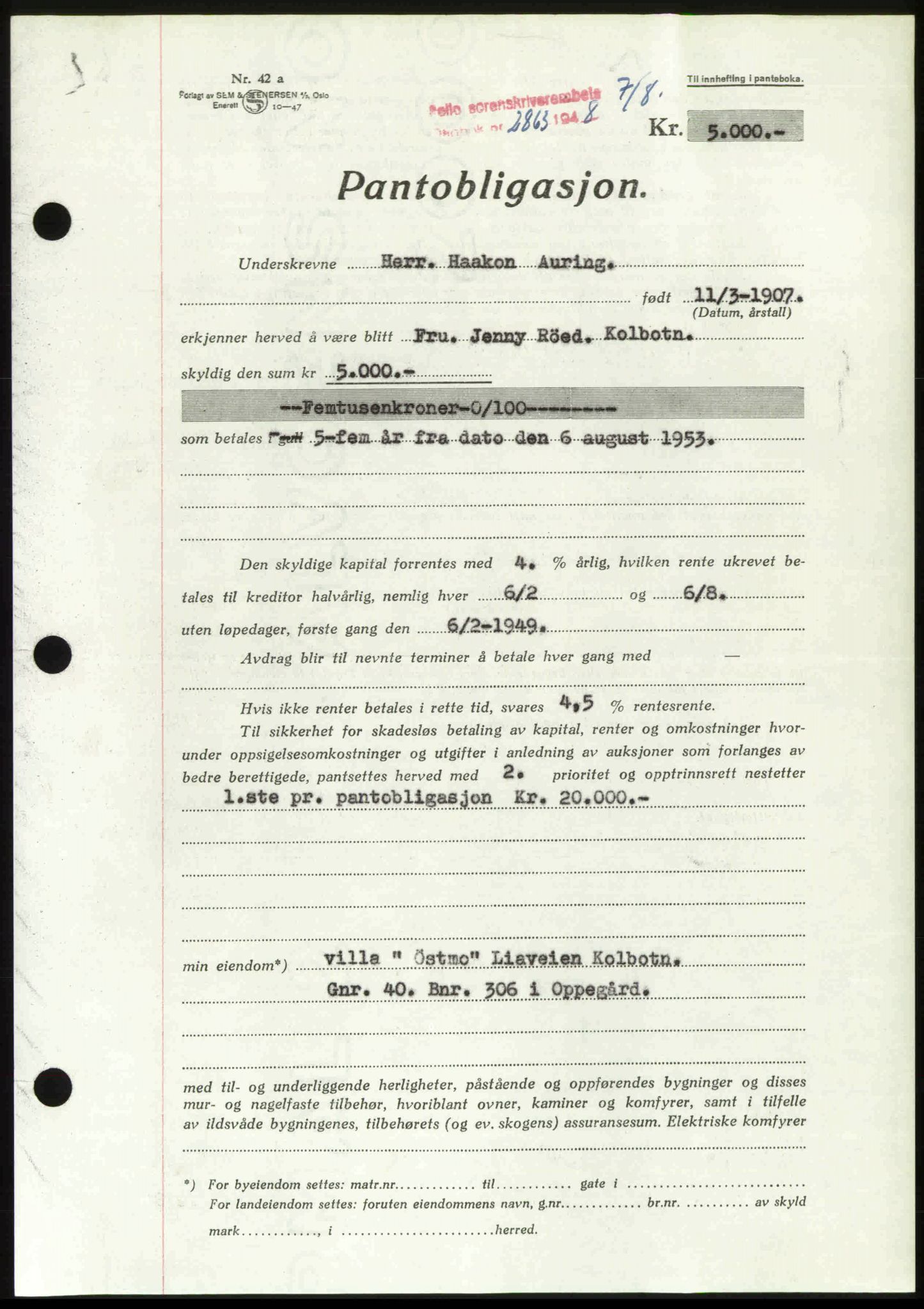 Follo sorenskriveri, SAO/A-10274/G/Ga/Gaa/L0085: Mortgage book no. I 85, 1948-1948, Diary no: : 2863/1948