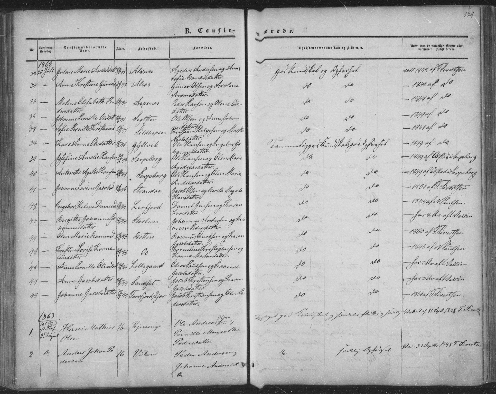 Ministerialprotokoller, klokkerbøker og fødselsregistre - Nordland, AV/SAT-A-1459/853/L0770: Parish register (official) no. 853A09, 1857-1870, p. 124