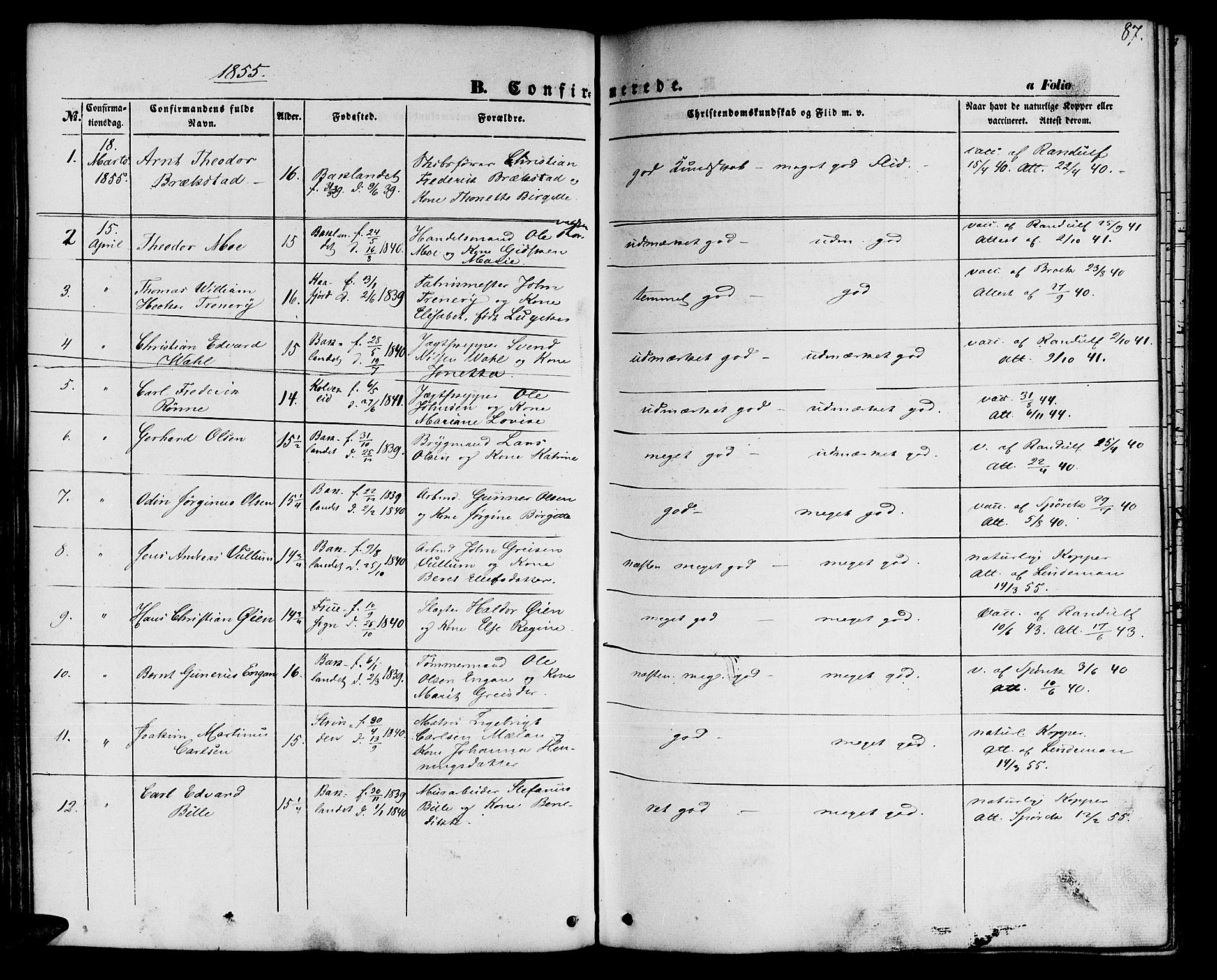Ministerialprotokoller, klokkerbøker og fødselsregistre - Sør-Trøndelag, SAT/A-1456/604/L0184: Parish register (official) no. 604A05, 1851-1860, p. 87