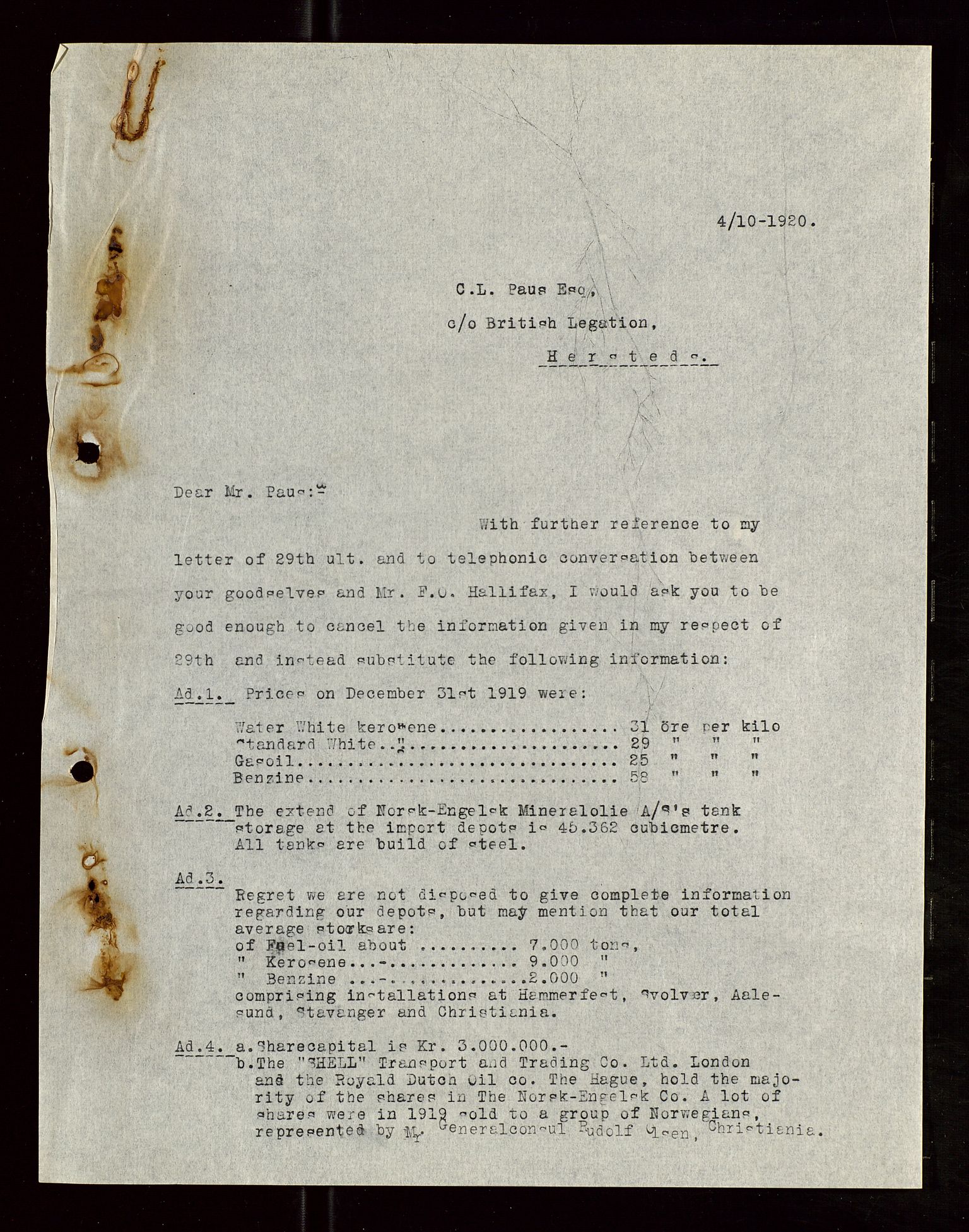 Pa 1521 - A/S Norske Shell, SAST/A-101915/E/Ea/Eaa/L0008: Sjefskorrespondanse, 1920, p. 16