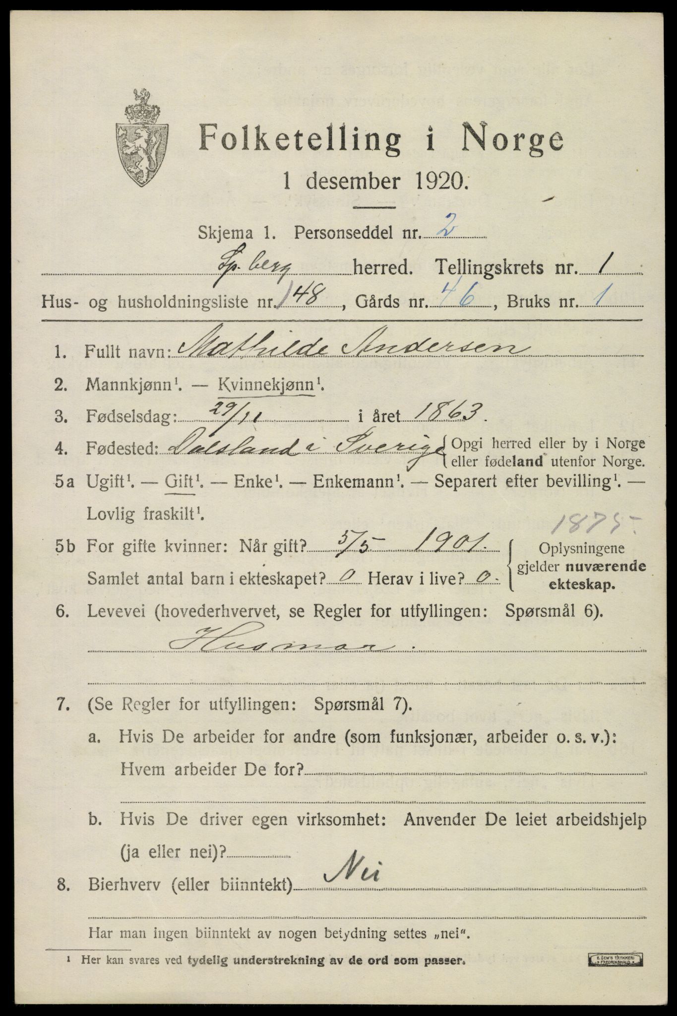 SAO, 1920 census for Spydeberg, 1920, p. 2803