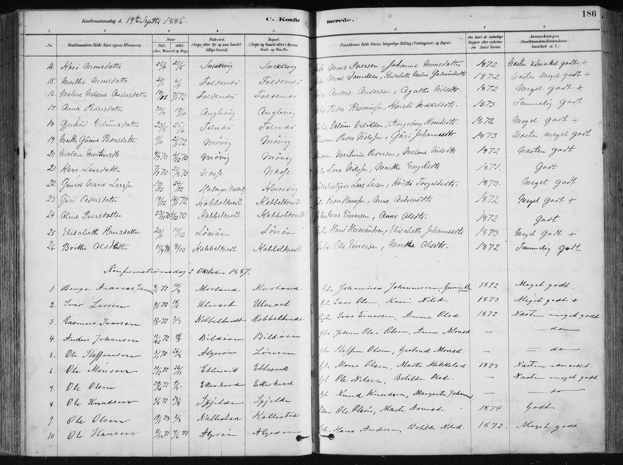 Fjell sokneprestembete, SAB/A-75301/H/Haa: Parish register (official) no. A  8, 1878-1898, p. 186
