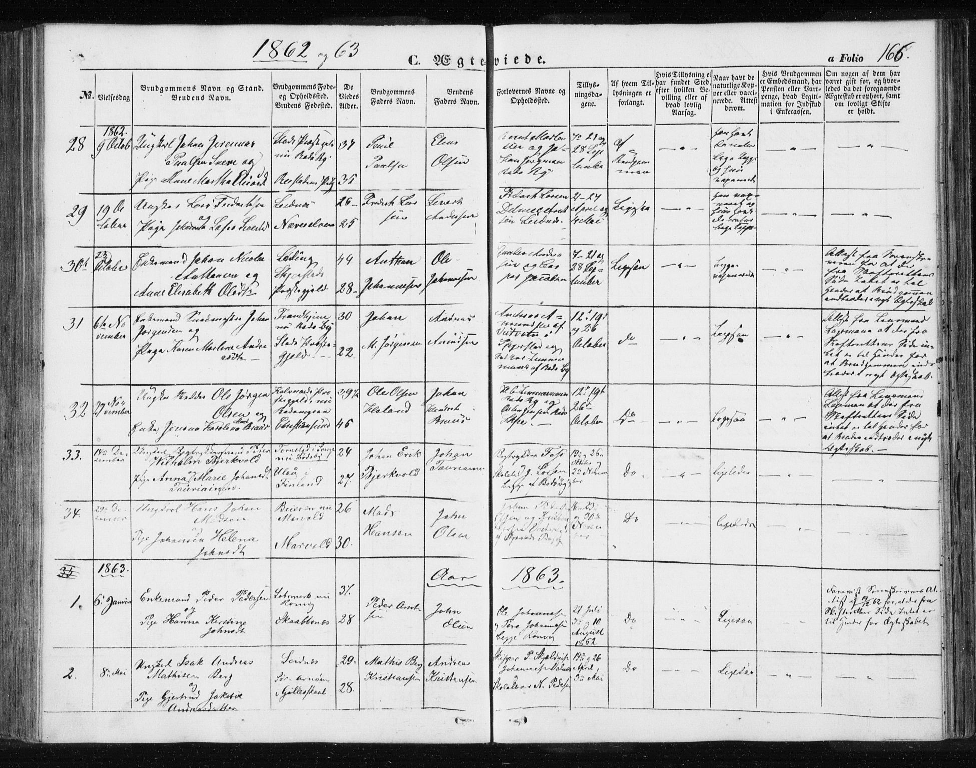 Ministerialprotokoller, klokkerbøker og fødselsregistre - Nordland, SAT/A-1459/801/L0028: Parish register (copy) no. 801C03, 1855-1867, p. 166