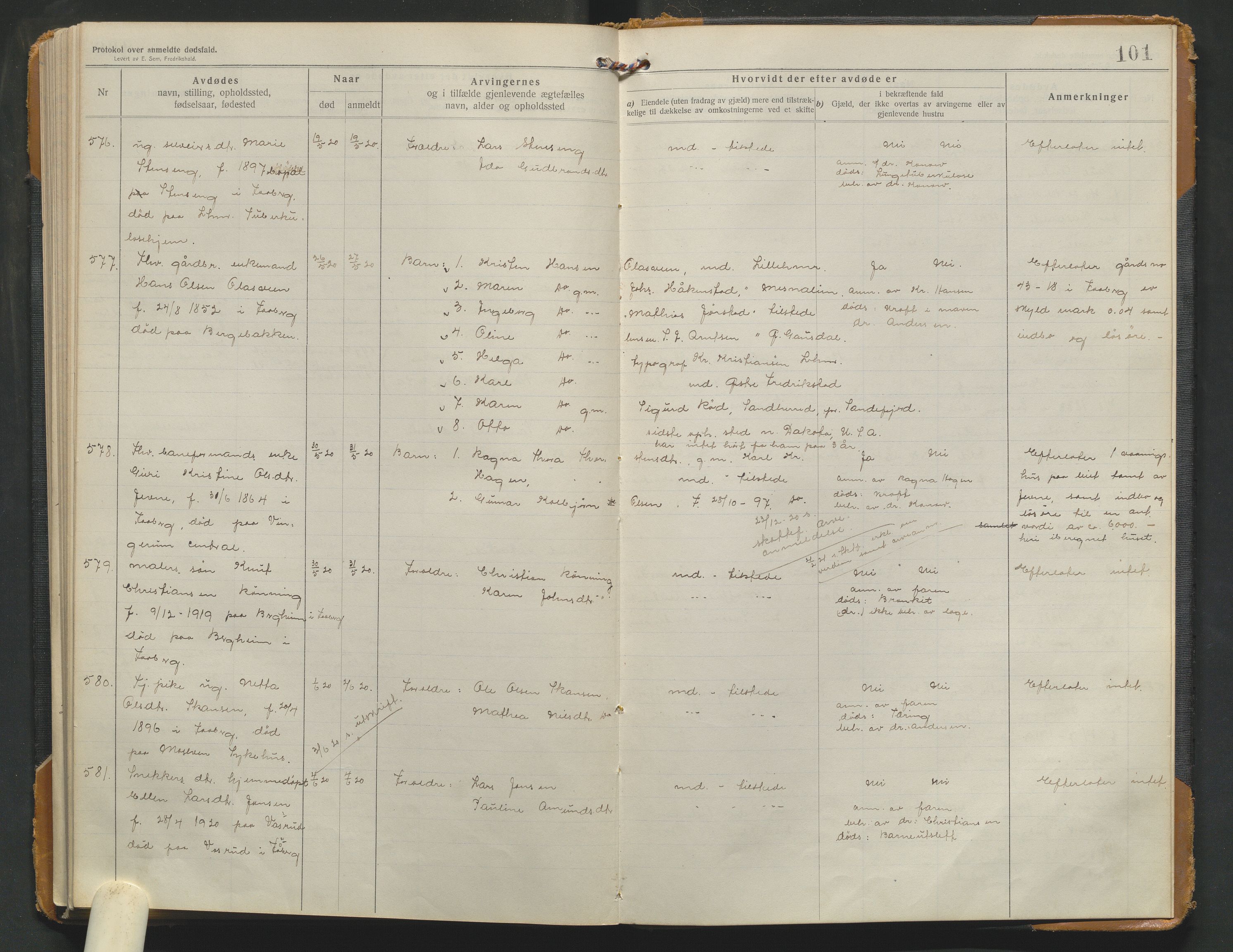 Fåberg lensmannskontor, AV/SAH-PGF-016/H/Ha/L0001/0002: Dødsfallsprotokoller / Dødsfallsprotokoll, 1913-1920, p. 101