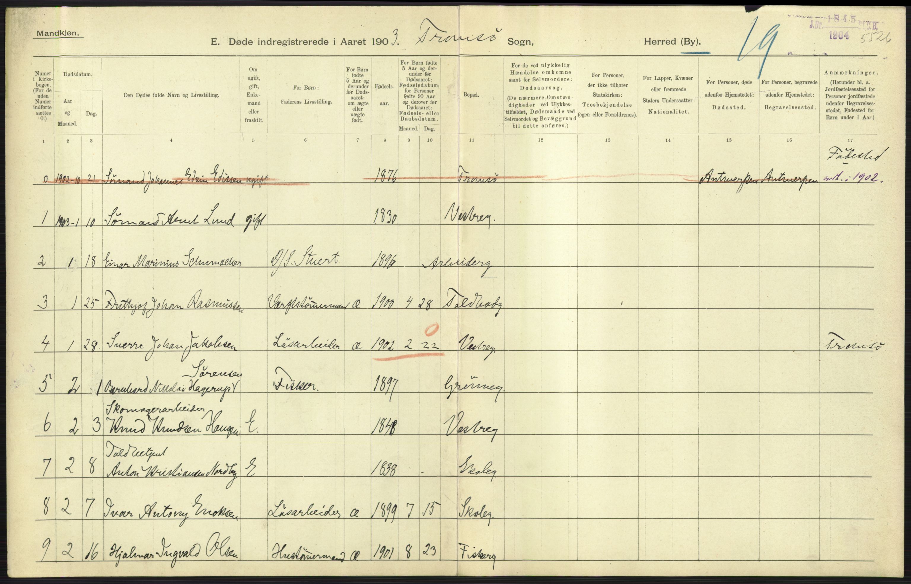 Statistisk sentralbyrå, Sosiodemografiske emner, Befolkning, AV/RA-S-2228/D/Df/Dfa/Dfaa/L0021: Tromsø amt: Fødte, gifte, døde., 1903, p. 539