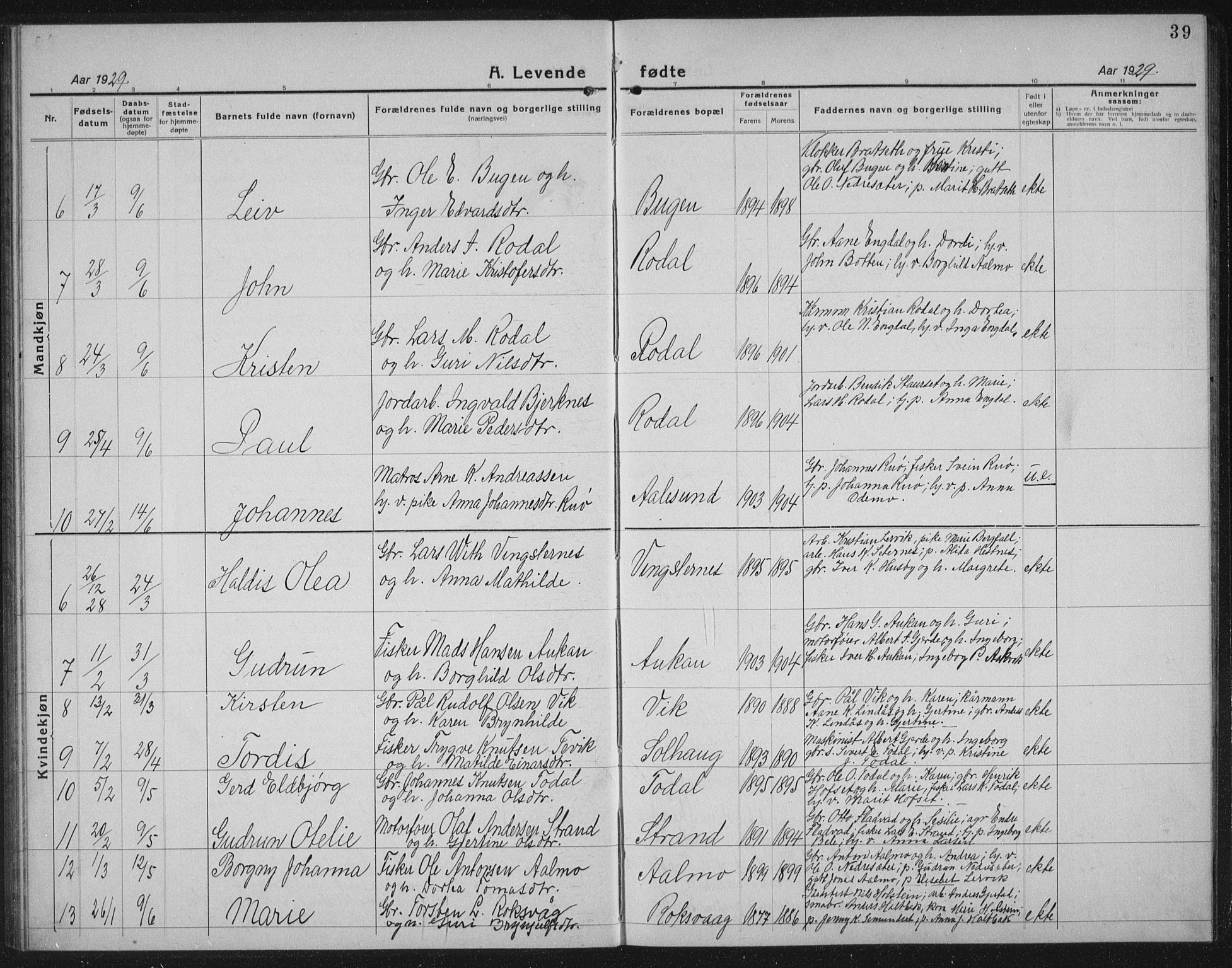 Ministerialprotokoller, klokkerbøker og fødselsregistre - Møre og Romsdal, AV/SAT-A-1454/578/L0911: Parish register (copy) no. 578C04, 1921-1940, p. 39