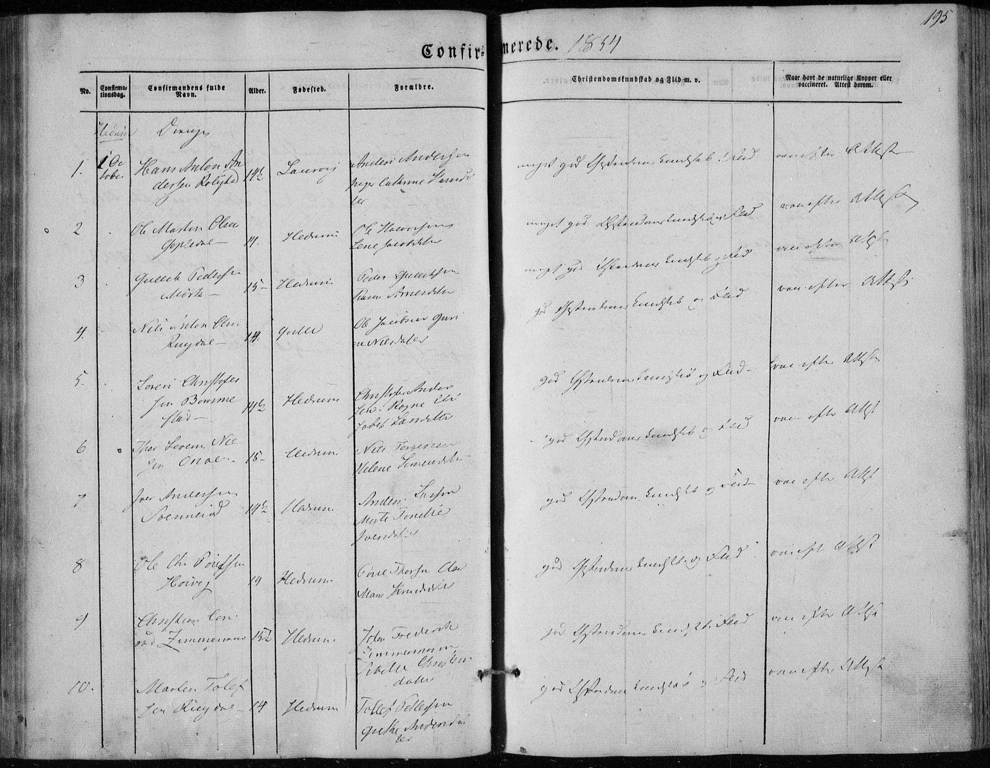 Hedrum kirkebøker, AV/SAKO-A-344/F/Fa/L0006: Parish register (official) no. I 6, 1849-1857, p. 195