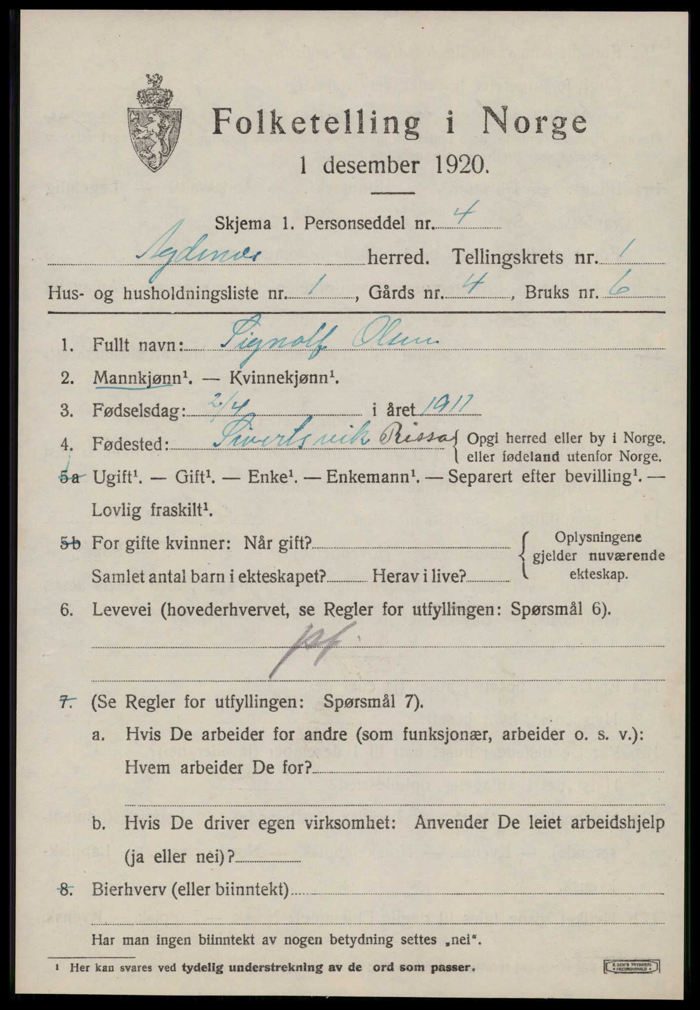 SAT, 1920 census for Agdenes, 1920, p. 507