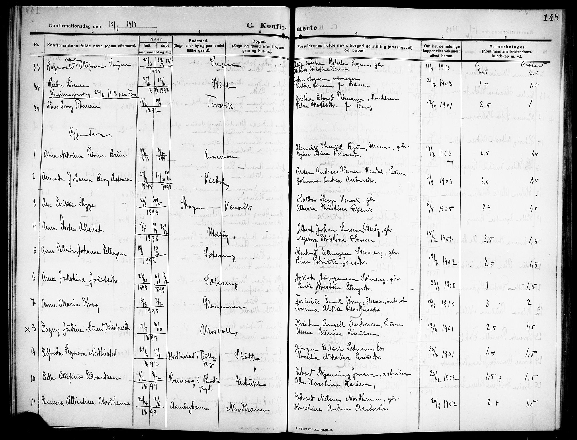 Ministerialprotokoller, klokkerbøker og fødselsregistre - Nordland, SAT/A-1459/843/L0639: Parish register (copy) no. 843C08, 1908-1924, p. 148