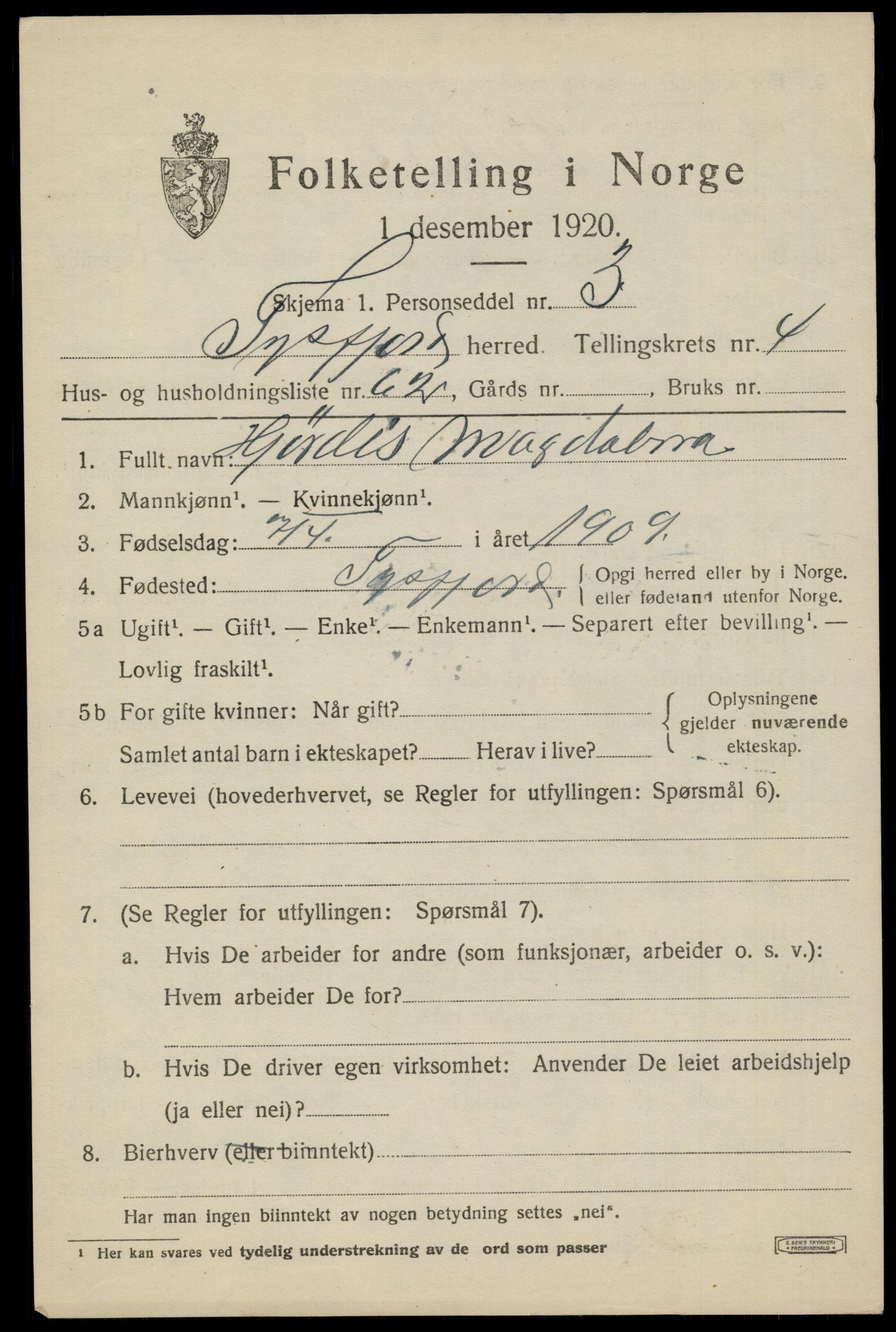 SAT, 1920 census for Tysfjord, 1920, p. 4037