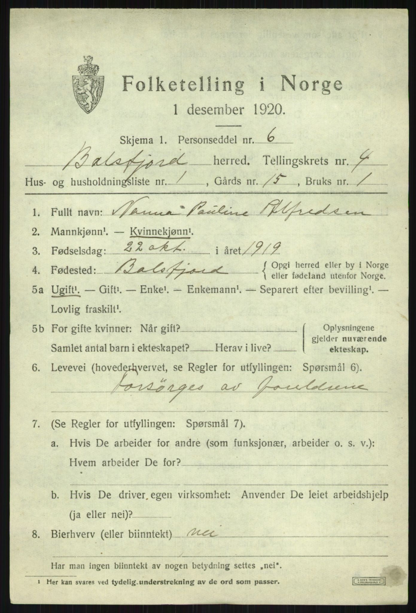 SATØ, 1920 census for Balsfjord, 1920, p. 2709