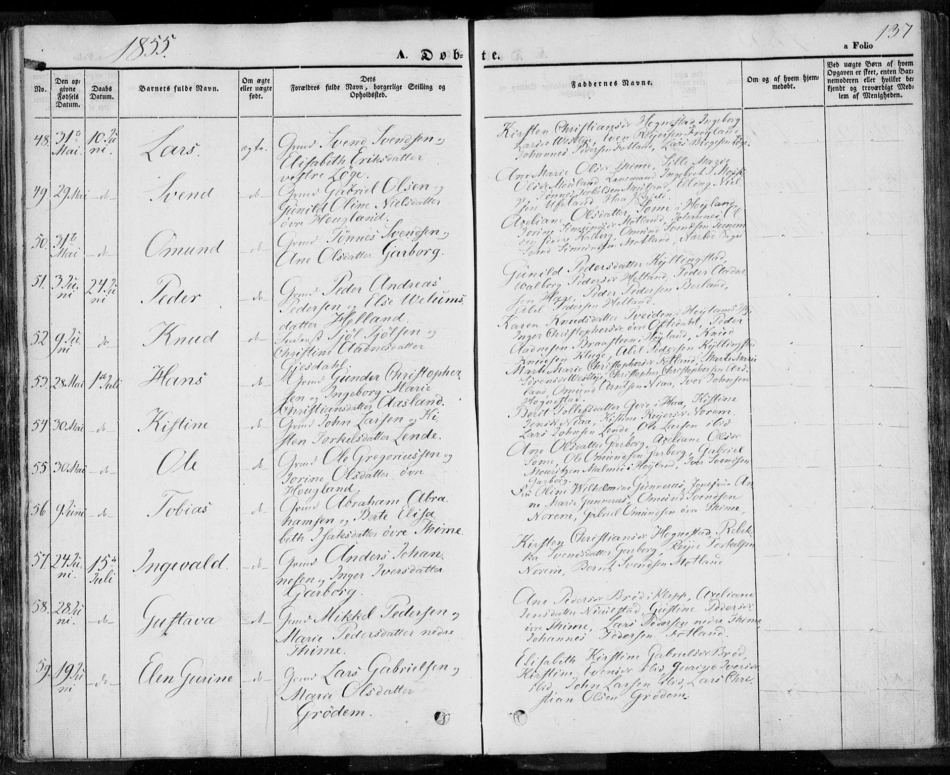 Lye sokneprestkontor, AV/SAST-A-101794/001/30BA/L0005: Parish register (official) no. A 5.1, 1842-1855, p. 137