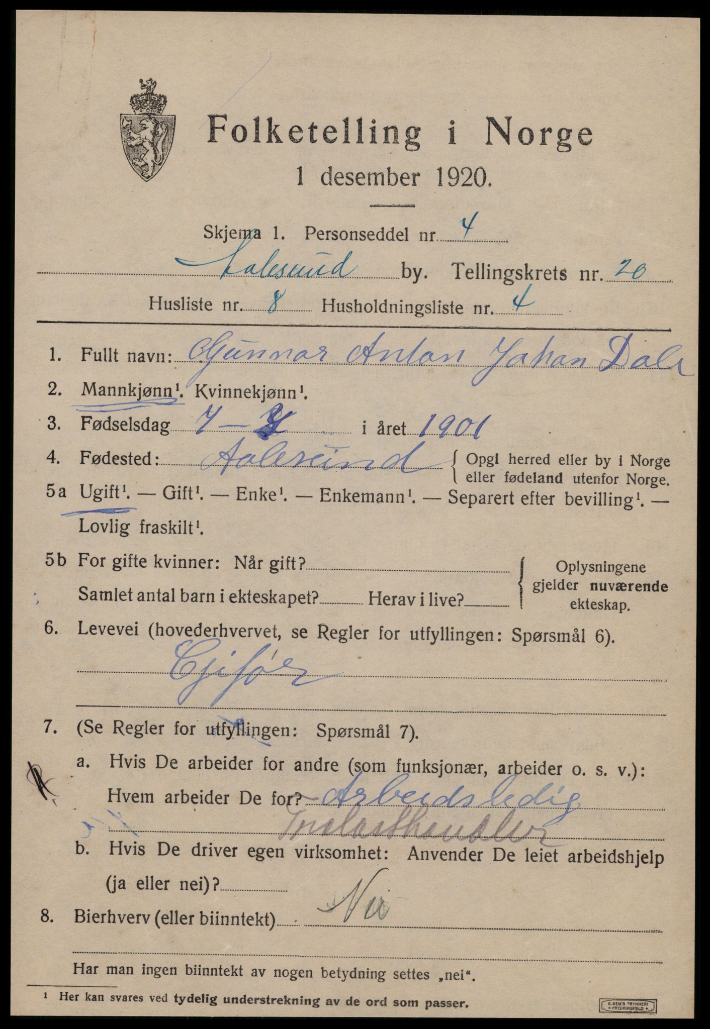 SAT, 1920 census for Ålesund, 1920, p. 37256