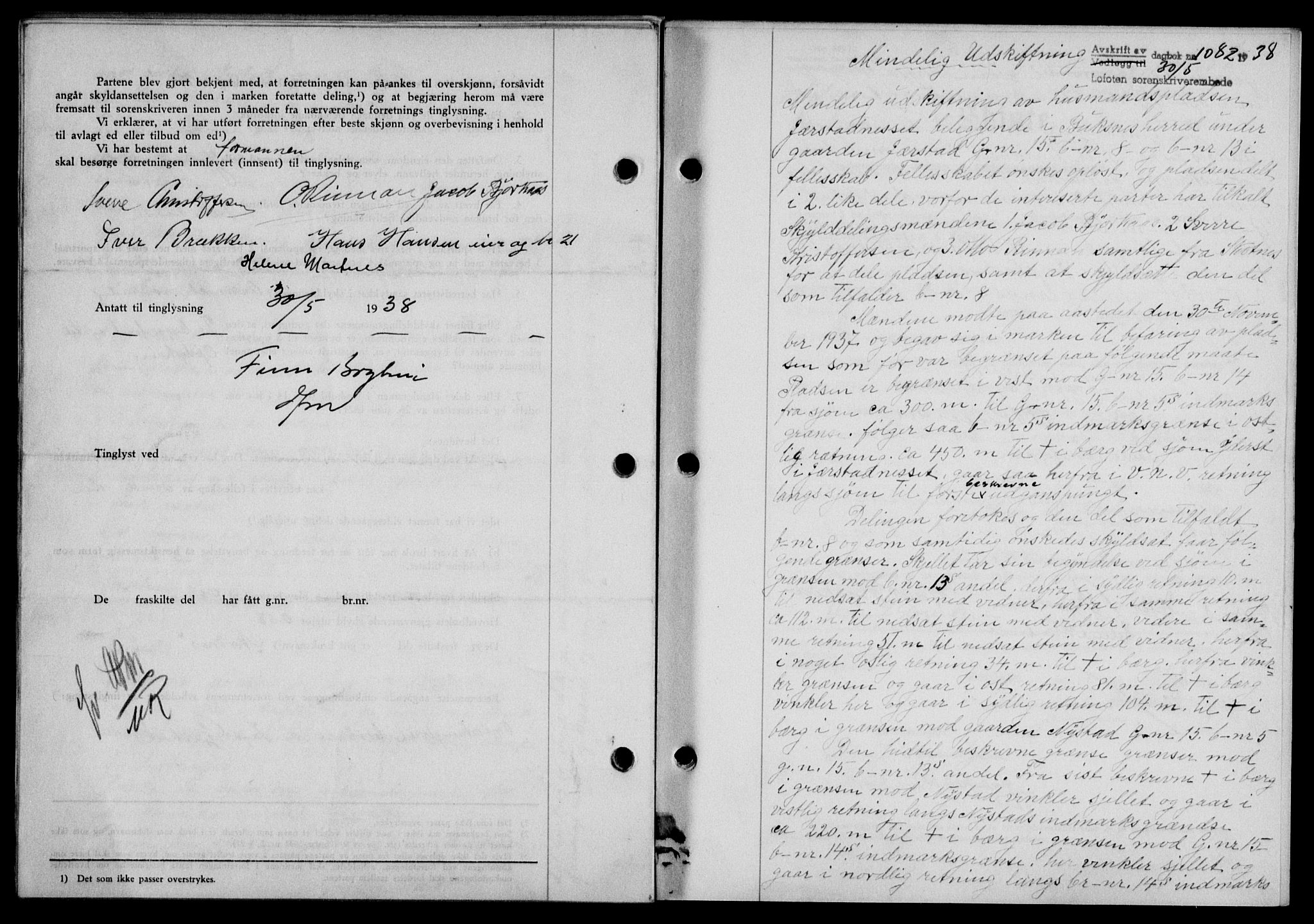 Lofoten sorenskriveri, SAT/A-0017/1/2/2C/L0004a: Mortgage book no. 4a, 1938-1938, Diary no: : 1082/1938