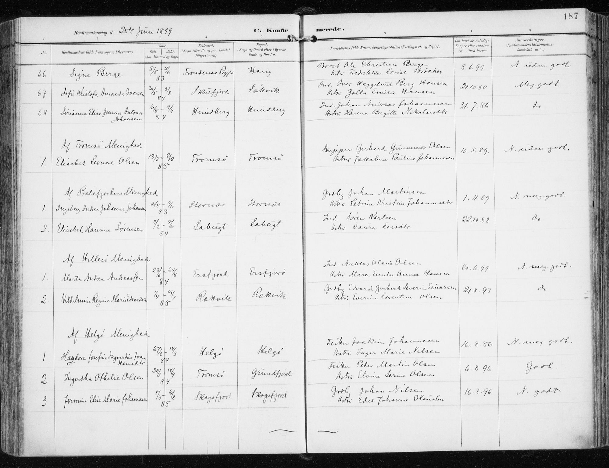 Tromsøysund sokneprestkontor, AV/SATØ-S-1304/G/Ga/L0006kirke: Parish register (official) no. 6, 1897-1906, p. 187