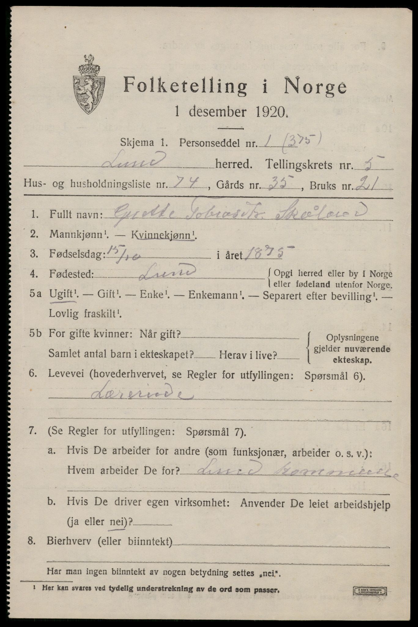 SAST, 1920 census for Lund, 1920, p. 3874