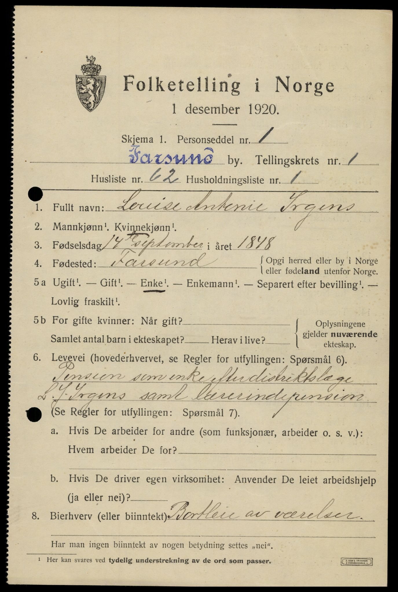 SAK, 1920 census for Farsund, 1920, p. 1963