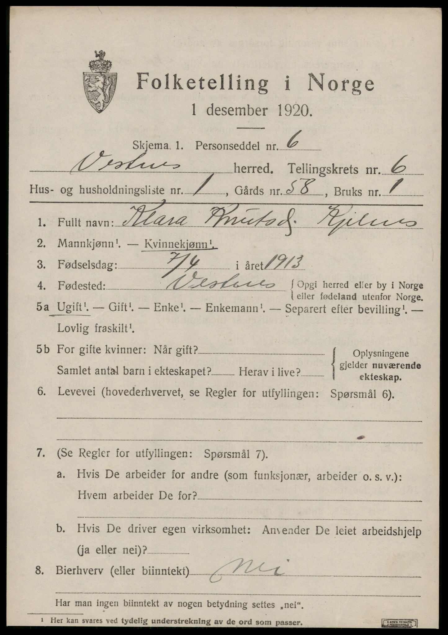 SAT, 1920 census for Vestnes, 1920, p. 4323