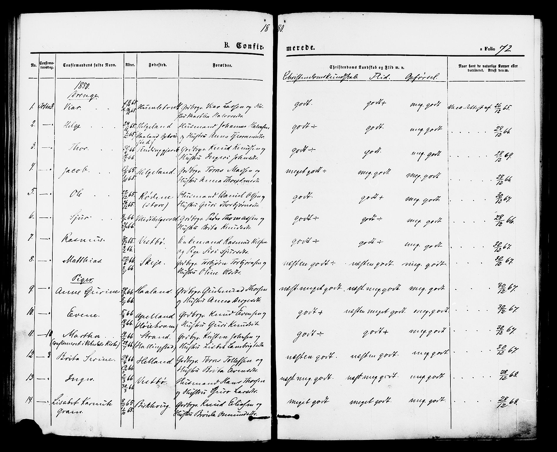 Vikedal sokneprestkontor, AV/SAST-A-101840/01/IV: Parish register (official) no. A 8, 1868-1885, p. 72