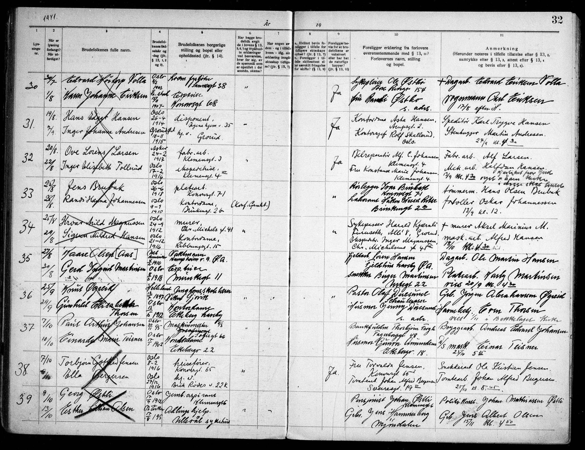 Gamlebyen prestekontor Kirkebøker, AV/SAO-A-10884/H/Ha/L0003: Banns register no. 3, 1936-1959, p. 32