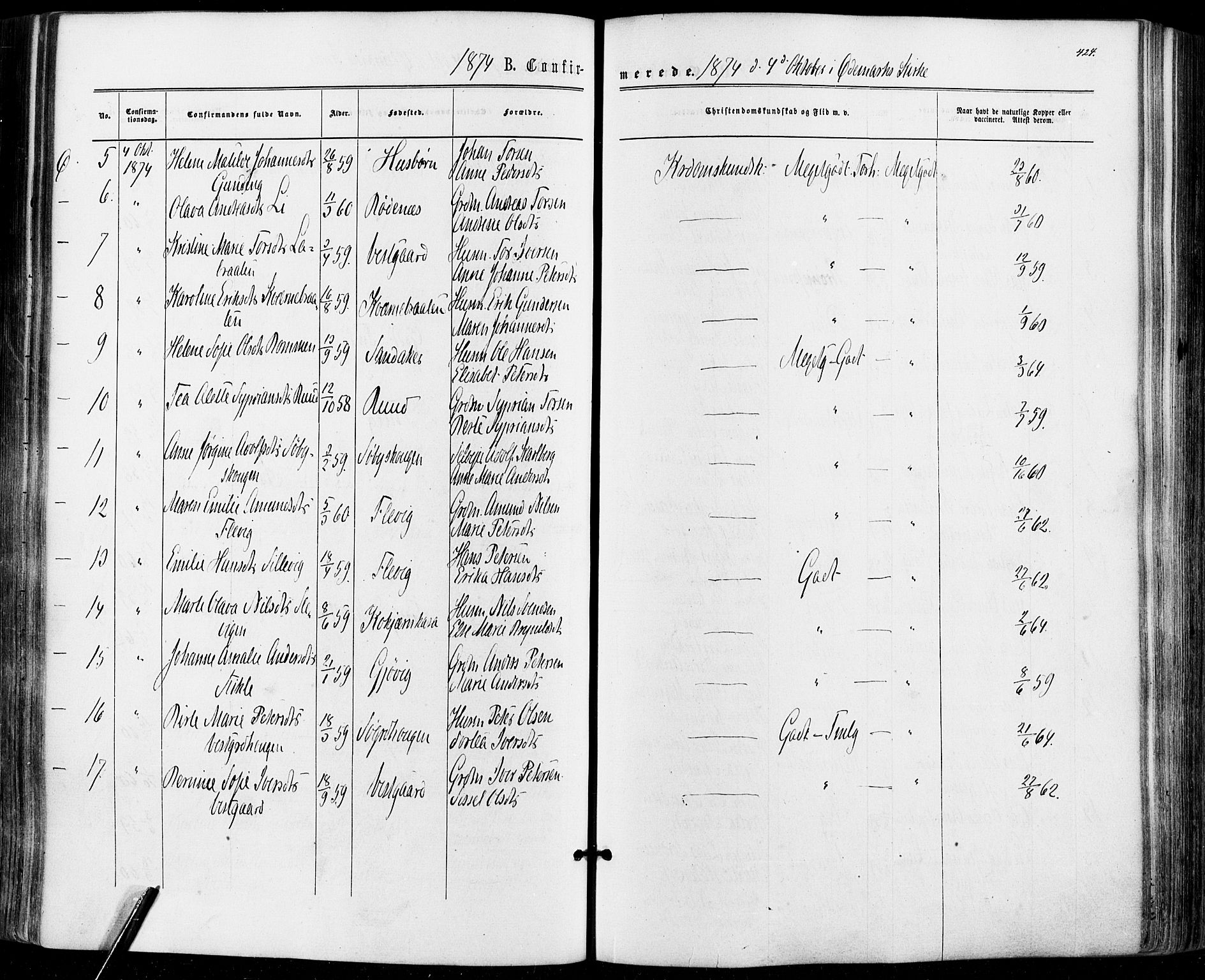 Aremark prestekontor Kirkebøker, SAO/A-10899/F/Fc/L0004: Parish register (official) no. III 4, 1866-1877, p. 423-424