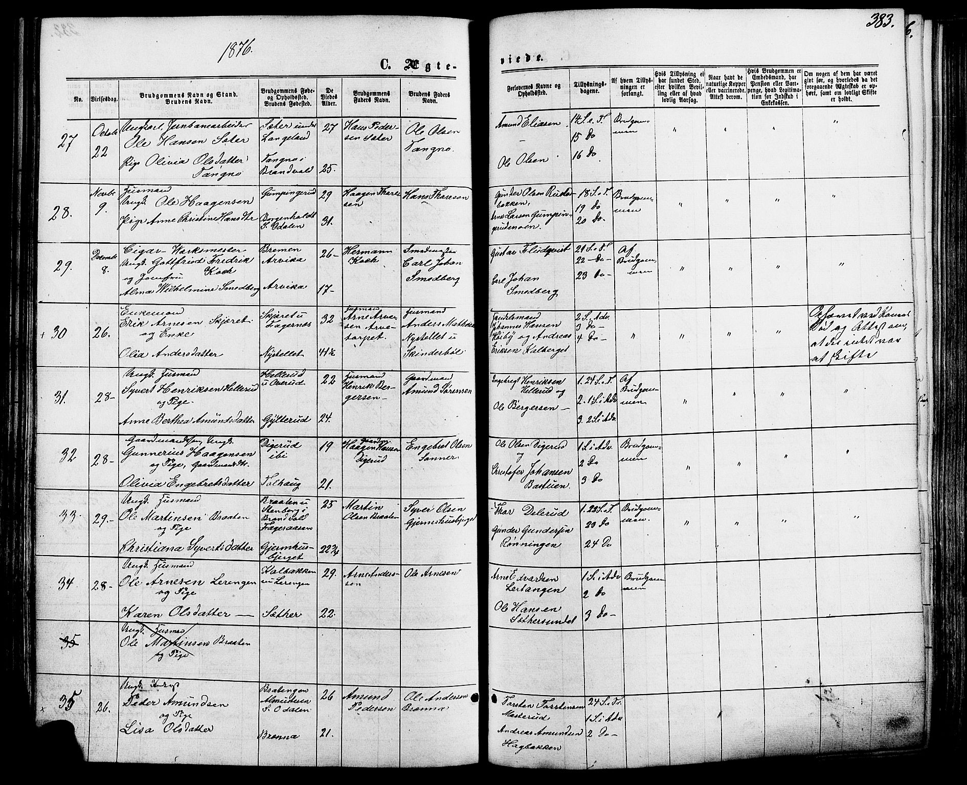 Vinger prestekontor, SAH/PREST-024/H/Ha/Haa/L0012: Parish register (official) no. 12, 1871-1880, p. 383