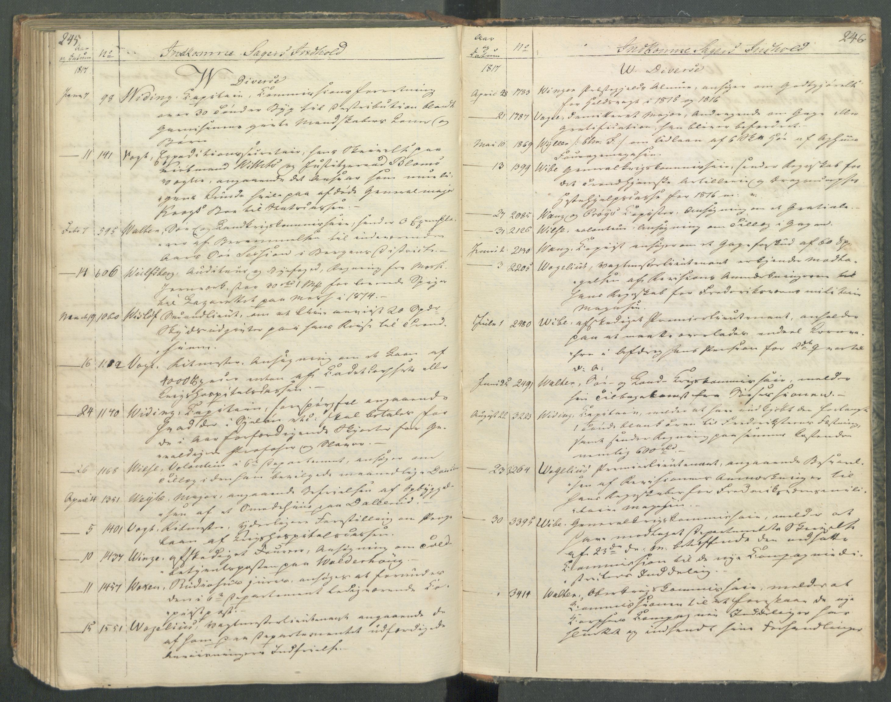 Armédepartementet, RA/RAFA-3493/C/Ca/L0013: 6. Departements register over innkomne saker, 1817, p. 245-246