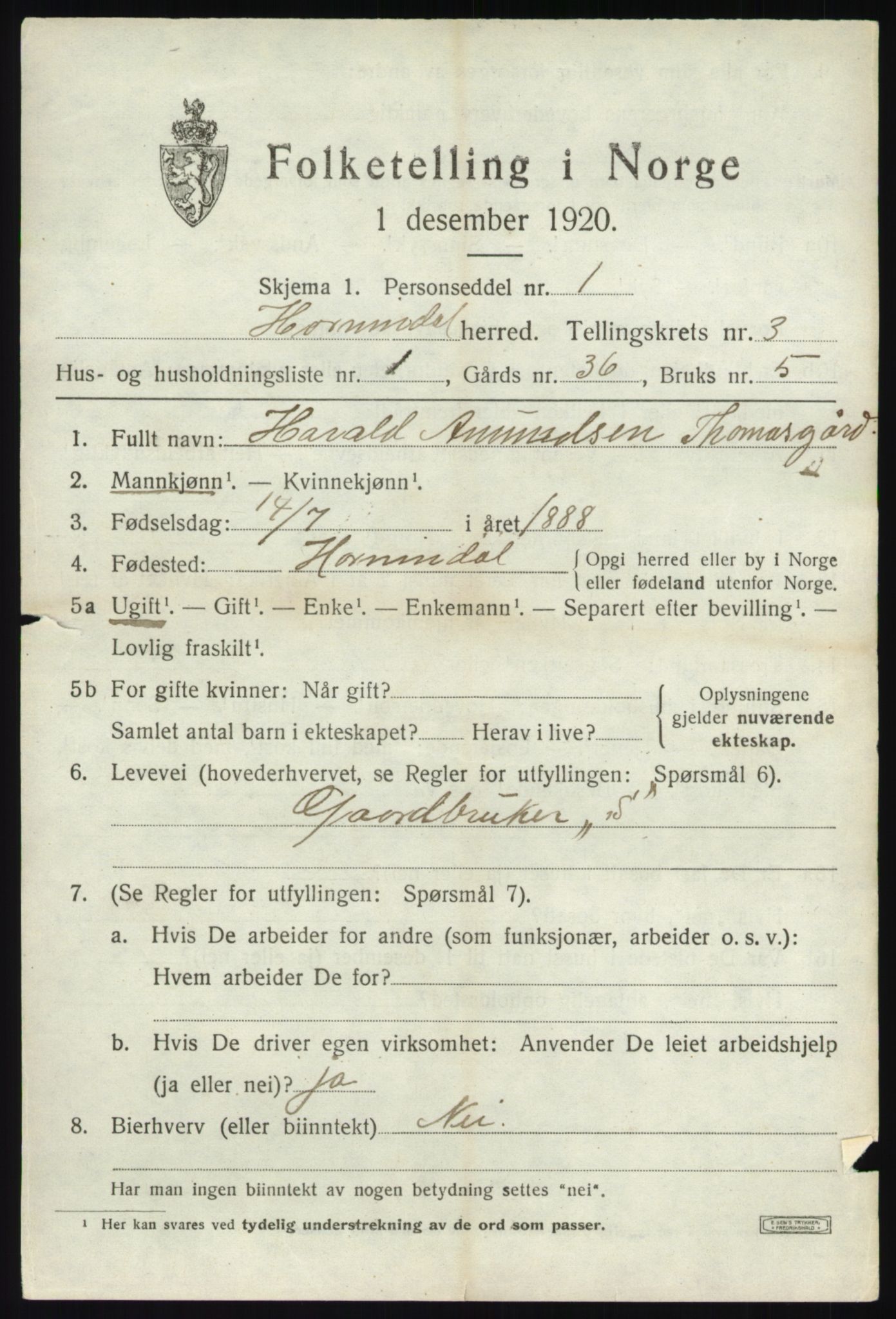SAB, 1920 census for Hornindal, 1920, p. 1082