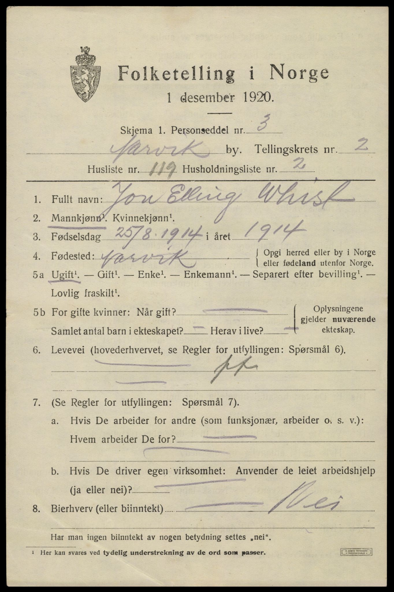 SAT, 1920 census for Narvik, 1920, p. 11738