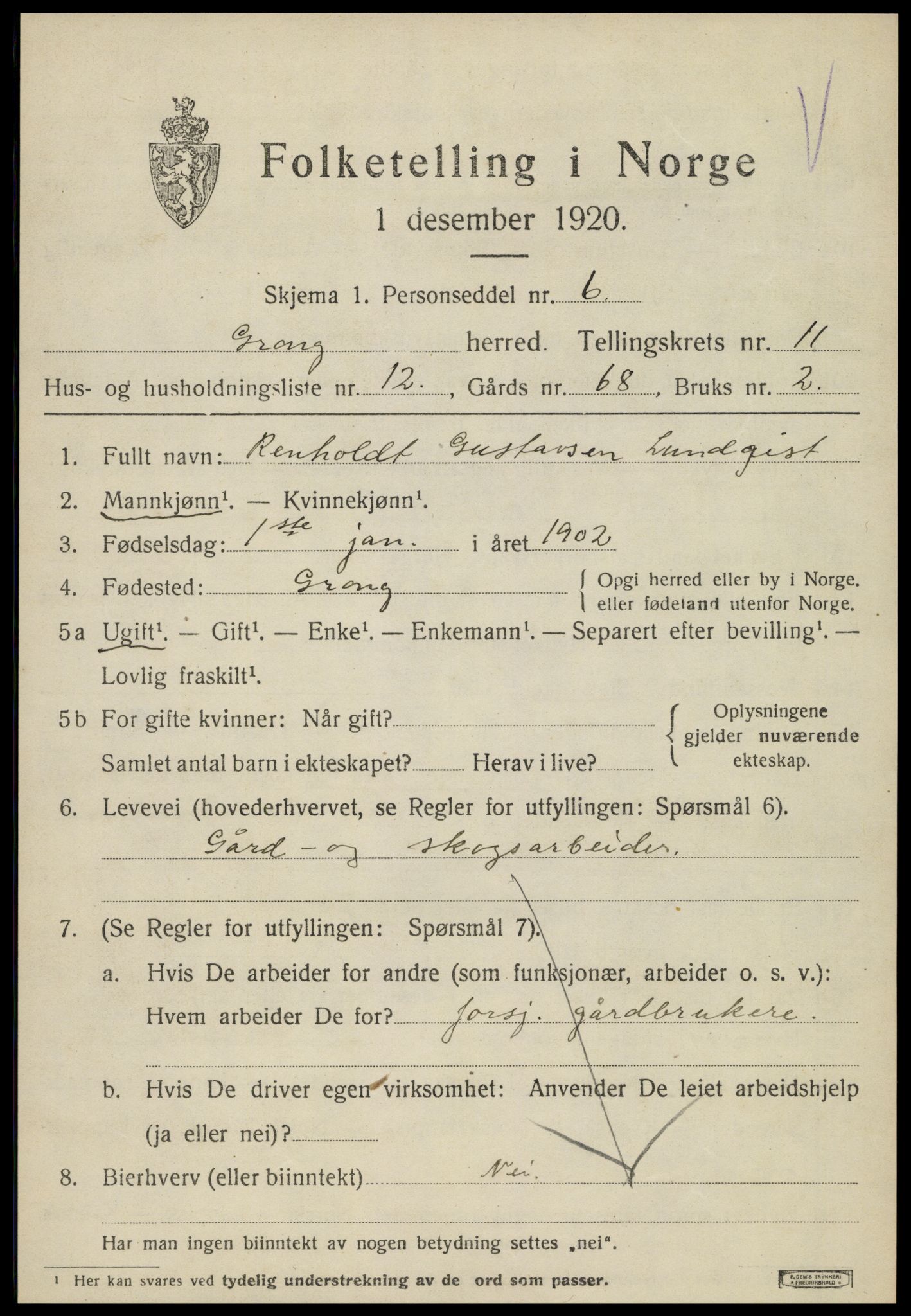 SAT, 1920 census for Grong, 1920, p. 6513