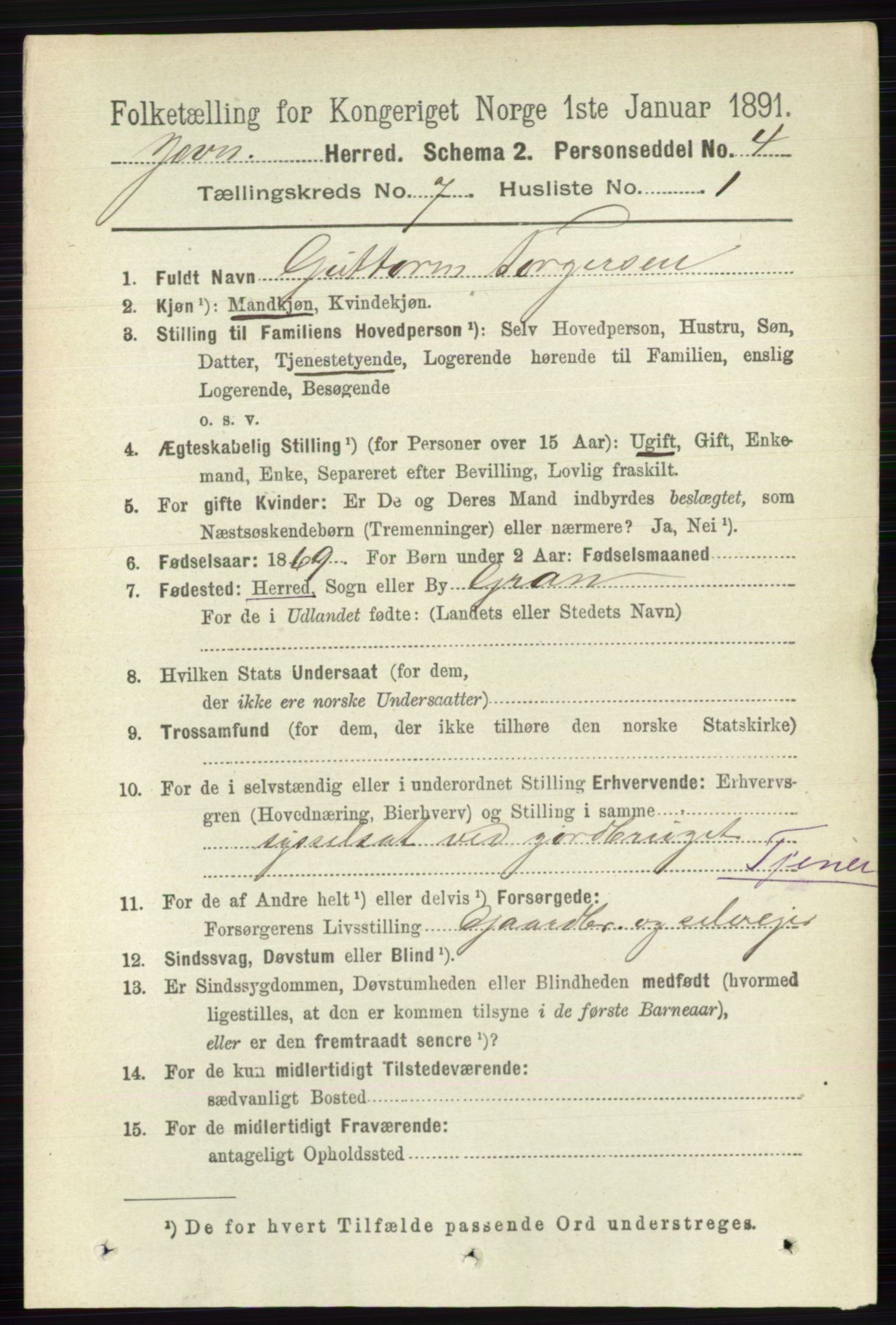 RA, 1891 census for 0532 Jevnaker, 1891, p. 3738