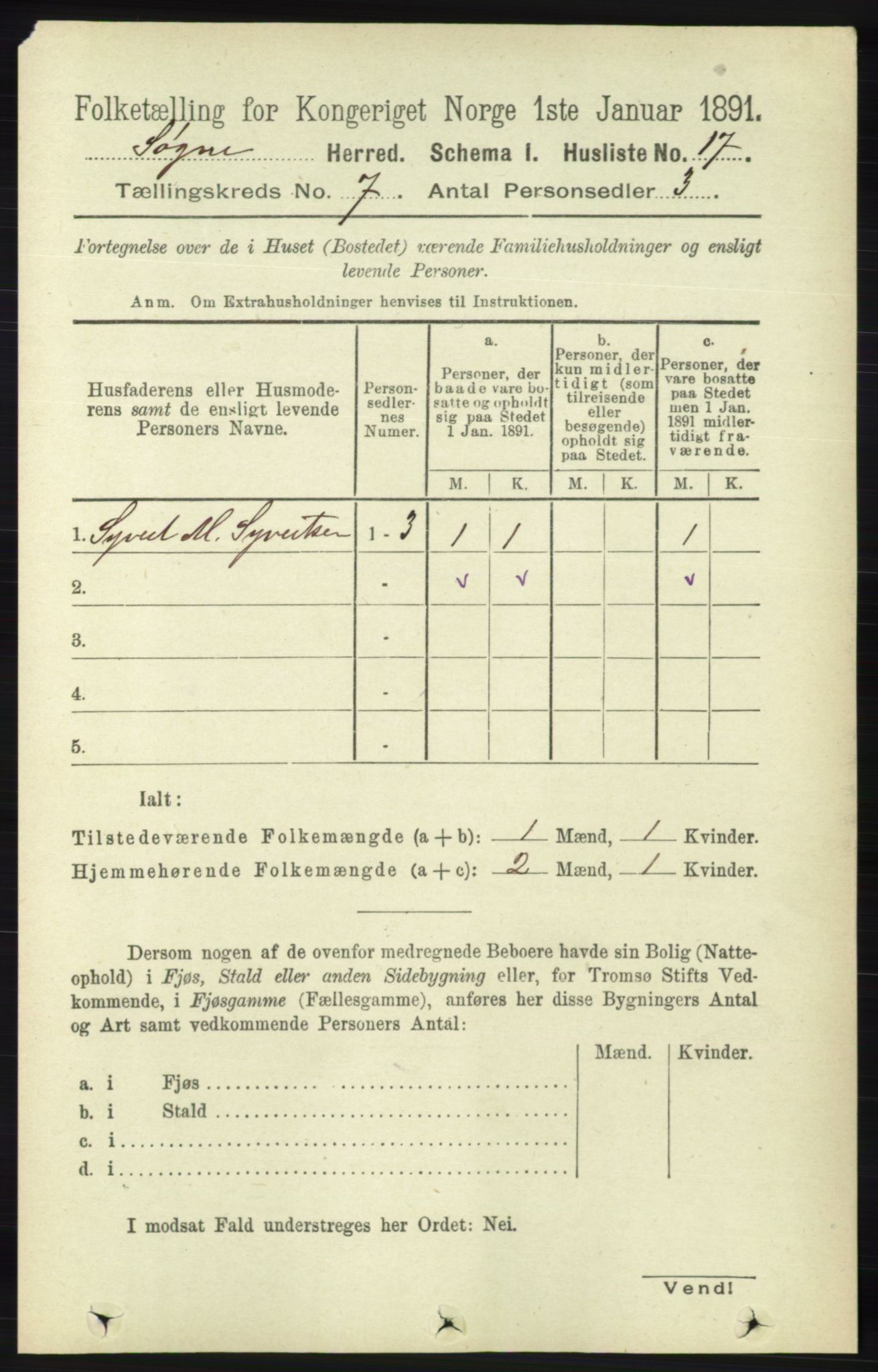 RA, 1891 census for 1018 Søgne, 1891, p. 1440