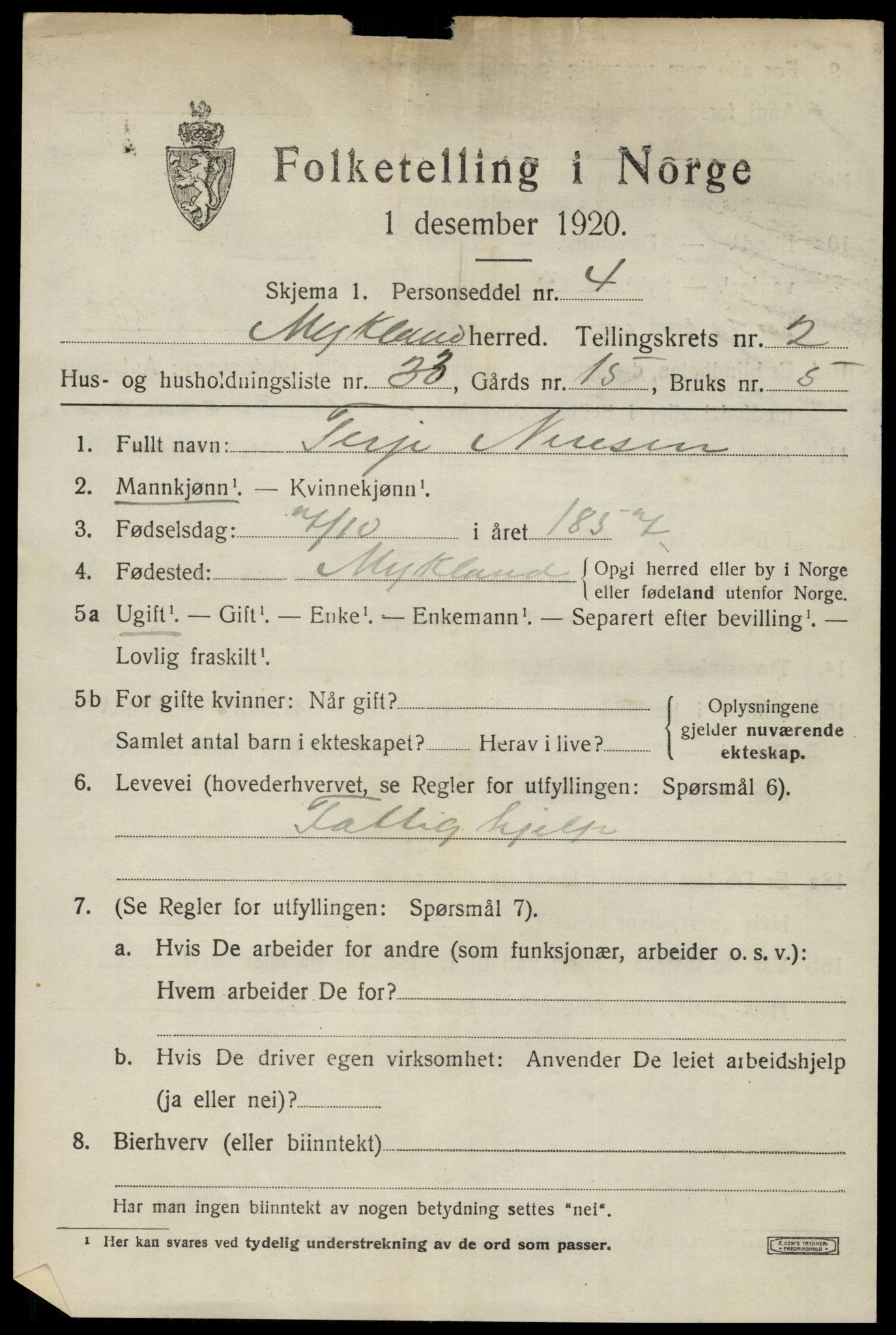 SAK, 1920 census for Mykland, 1920, p. 1118