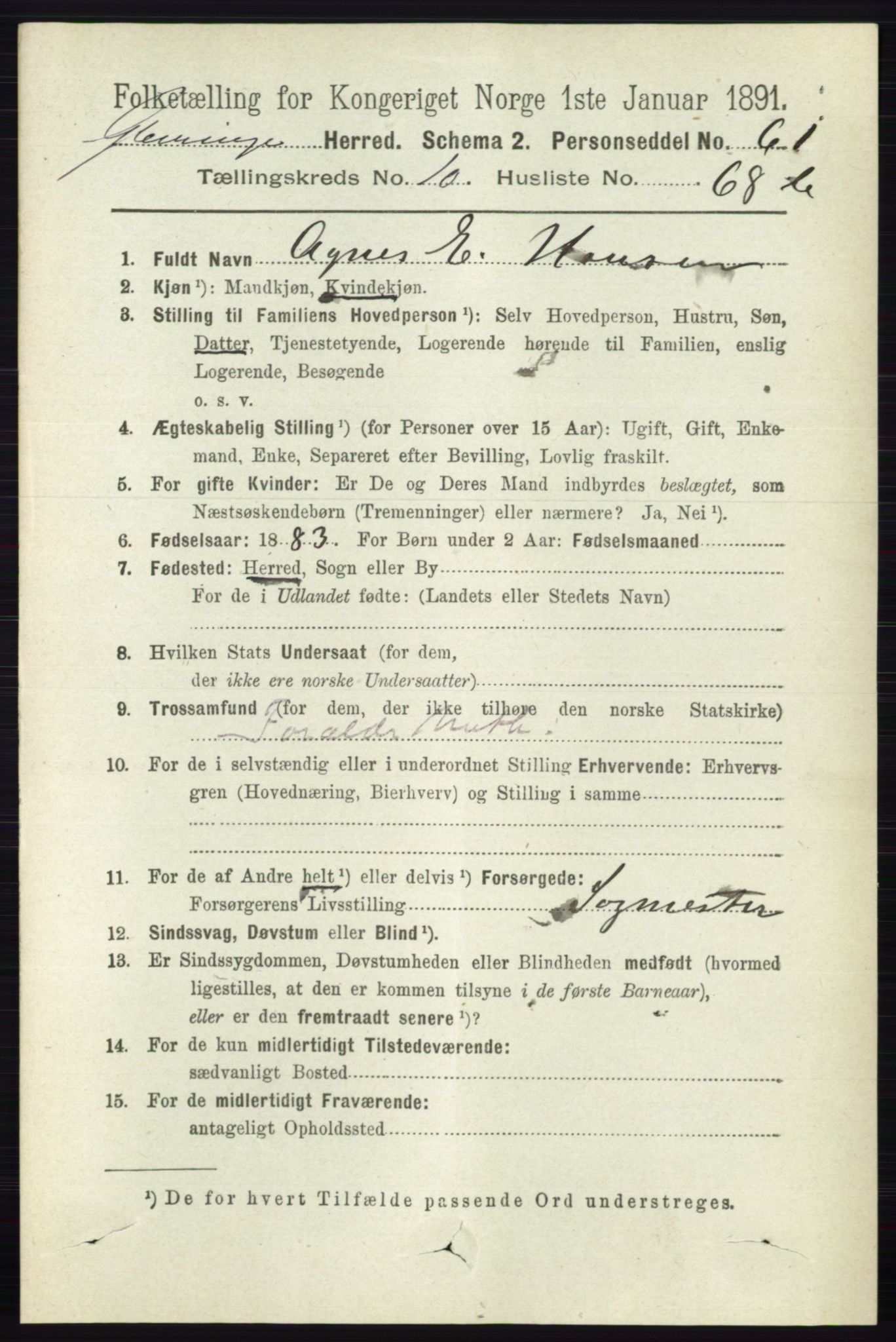 RA, 1891 census for 0132 Glemmen, 1891, p. 10516