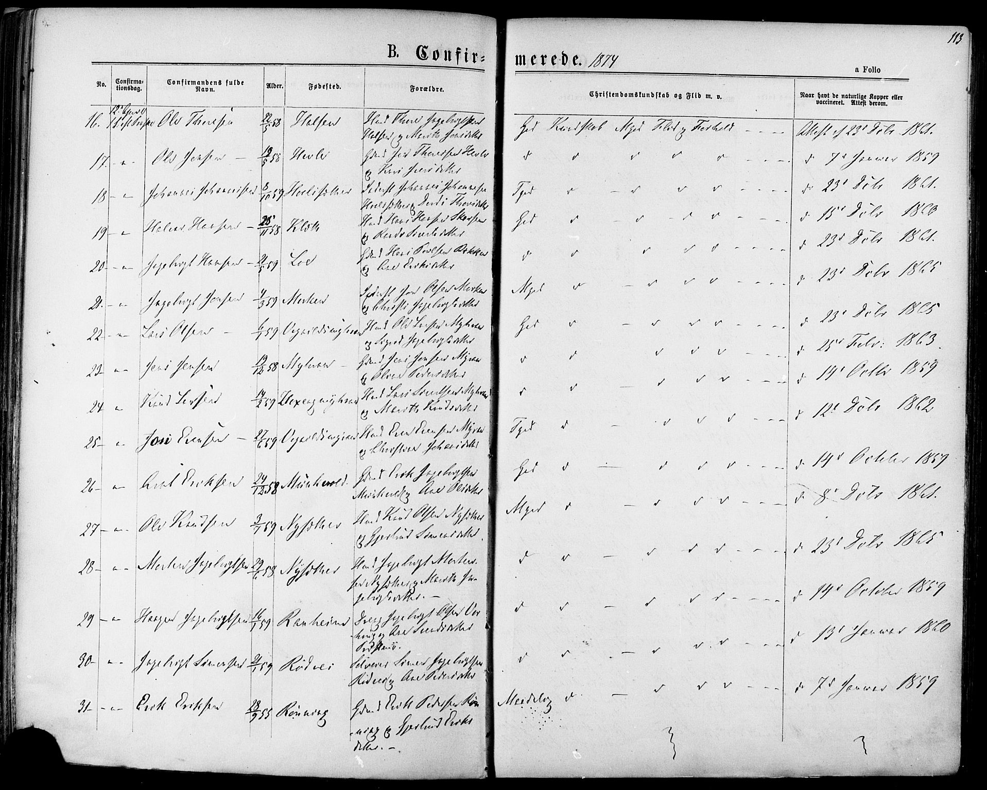 Ministerialprotokoller, klokkerbøker og fødselsregistre - Sør-Trøndelag, SAT/A-1456/678/L0900: Parish register (official) no. 678A09, 1872-1881, p. 113