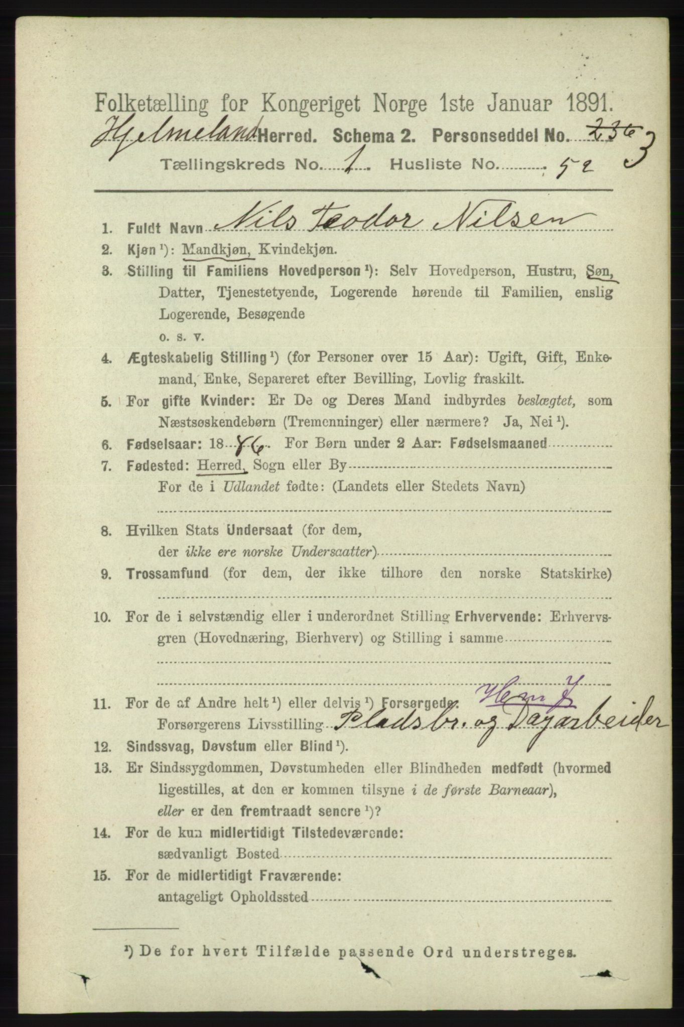 RA, 1891 census for 1133 Hjelmeland, 1891, p. 316