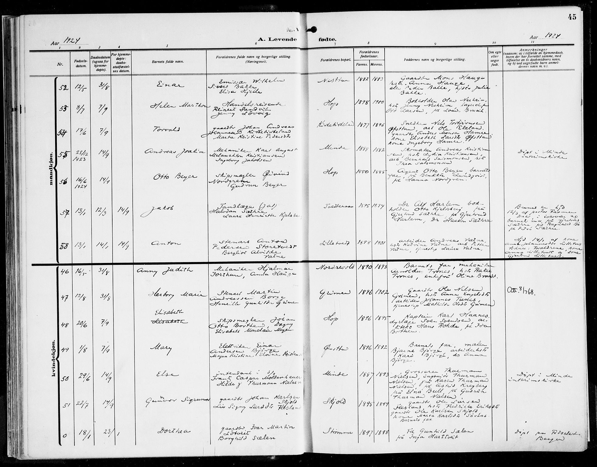 Fana Sokneprestembete, SAB/A-75101/H/Haa/Haaj/L0001: Parish register (official) no. J 1, 1921-1935, p. 45