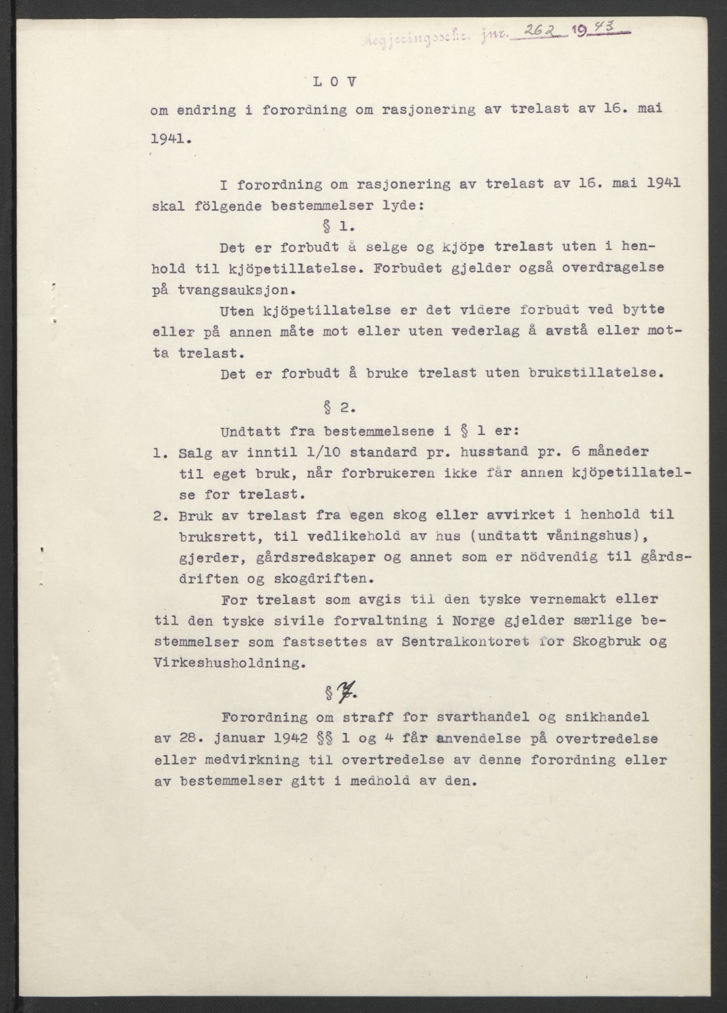 NS-administrasjonen 1940-1945 (Statsrådsekretariatet, de kommisariske statsråder mm), AV/RA-S-4279/D/Db/L0099: Lover, 1943, p. 511