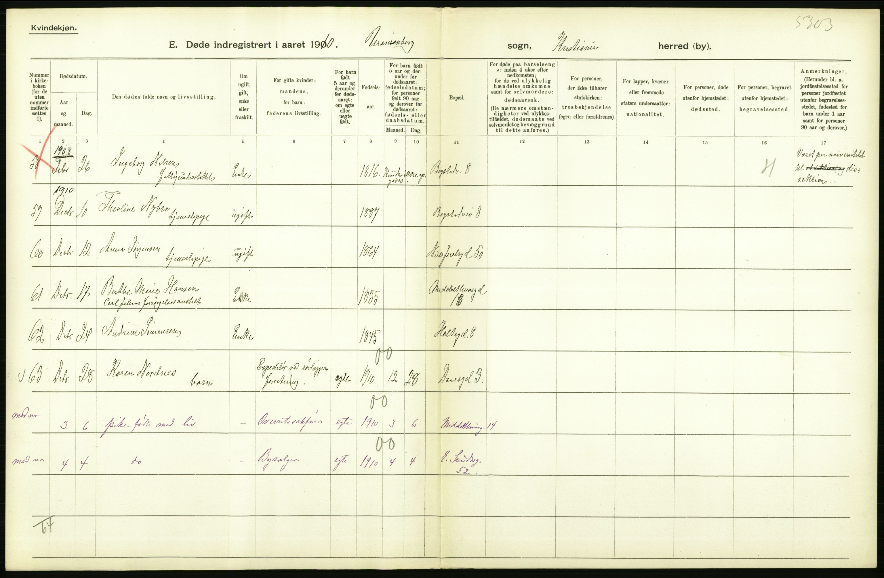 Statistisk sentralbyrå, Sosiodemografiske emner, Befolkning, RA/S-2228/D/Df/Dfa/Dfah/L0008: Kristiania: Døde, 1910, p. 408