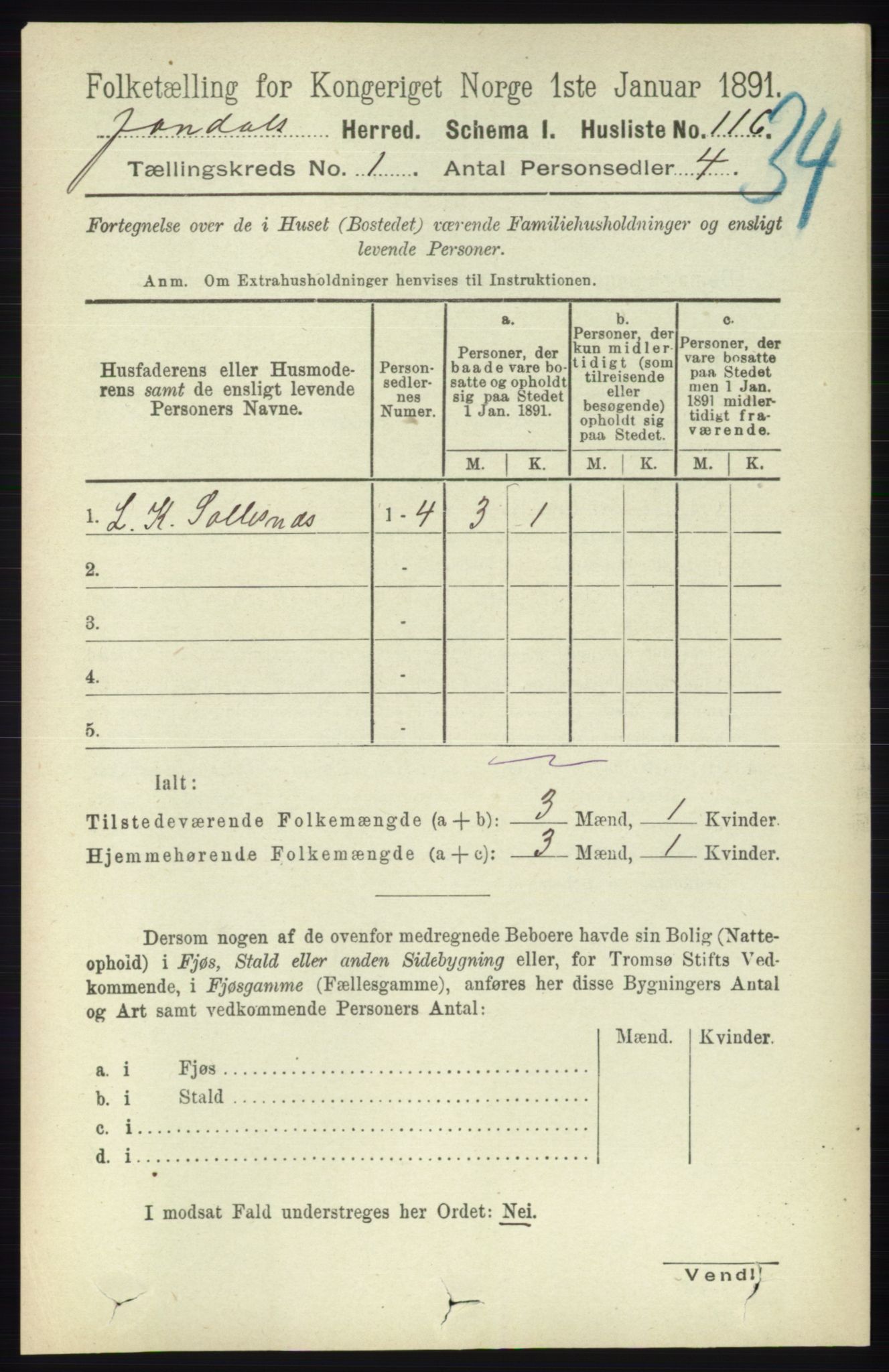 RA, 1891 census for 1227 Jondal, 1891, p. 132