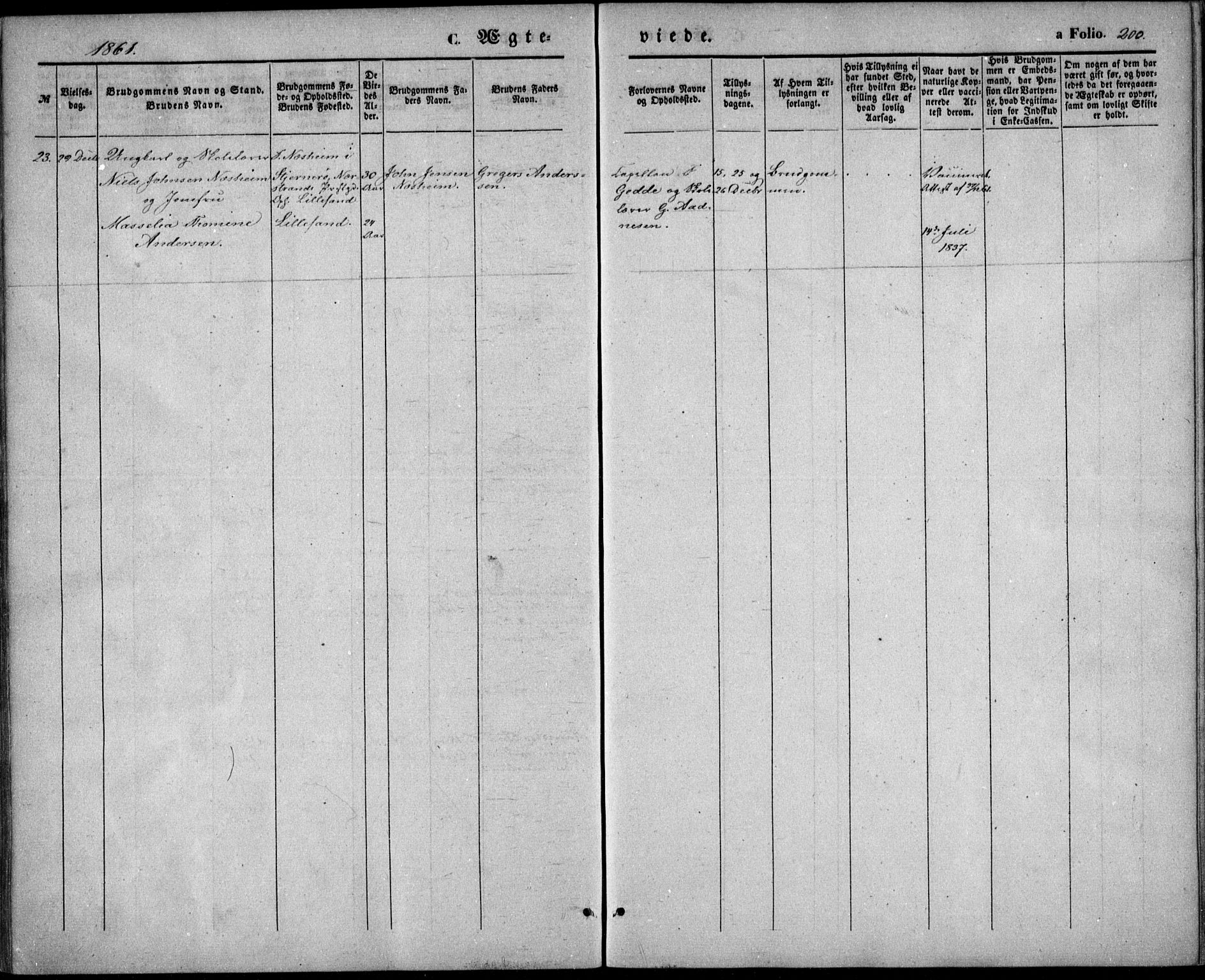 Vestre Moland sokneprestkontor, AV/SAK-1111-0046/F/Fb/Fbb/L0003: Parish register (copy) no. B 3, 1851-1861, p. 200