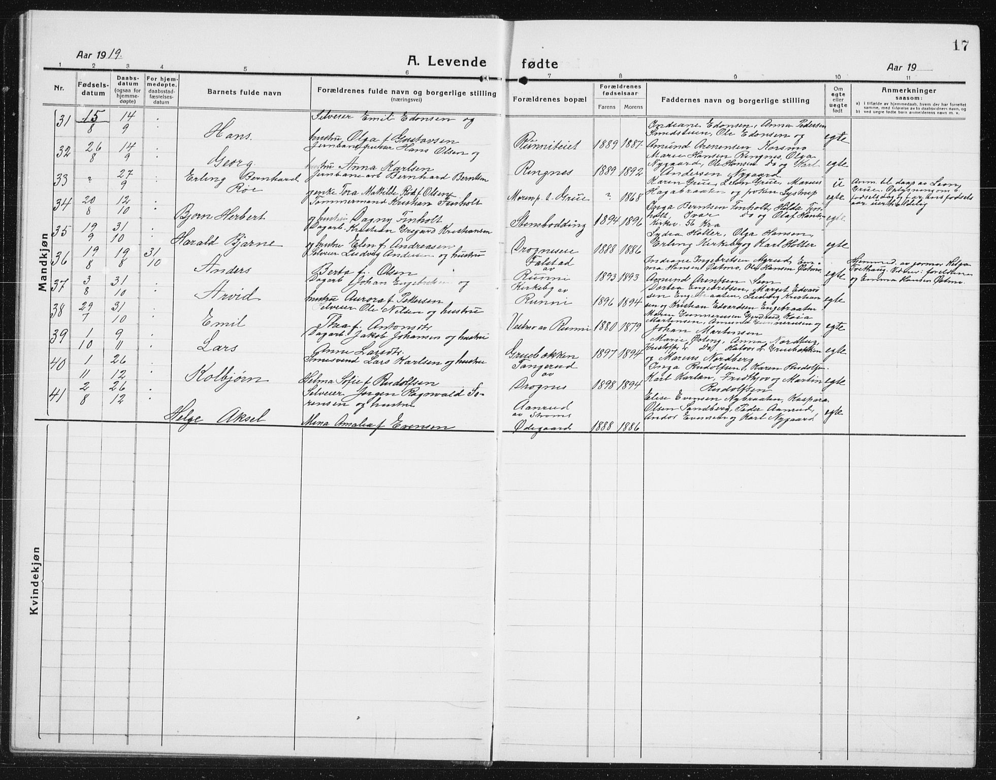 Nes prestekontor Kirkebøker, AV/SAO-A-10410/G/Gc/L0002: Parish register (copy) no. III 2, 1915-1943, p. 17