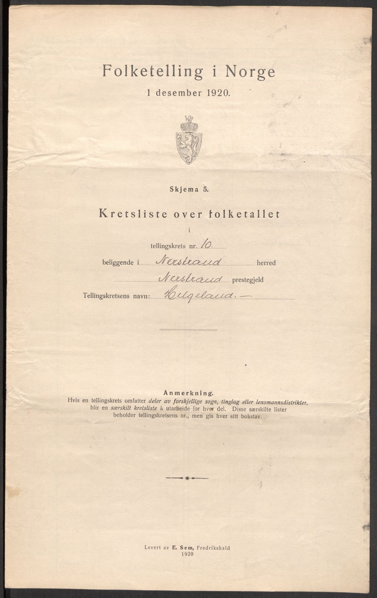 SAST, 1920 census for Nedstrand, 1920, p. 38