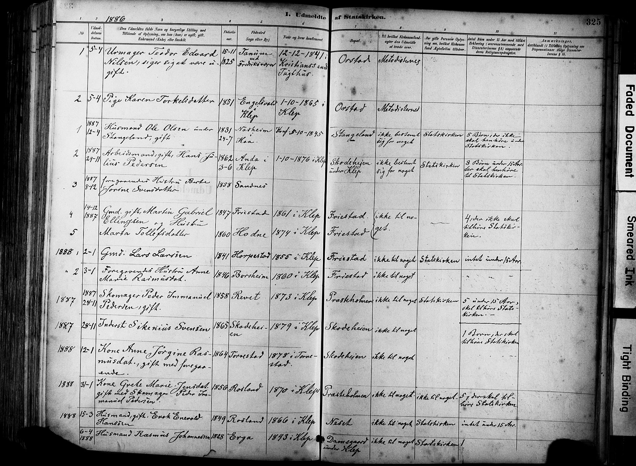 Klepp sokneprestkontor, SAST/A-101803/001/3/30BA/L0009: Parish register (official) no. A 7, 1886-1915, p. 325